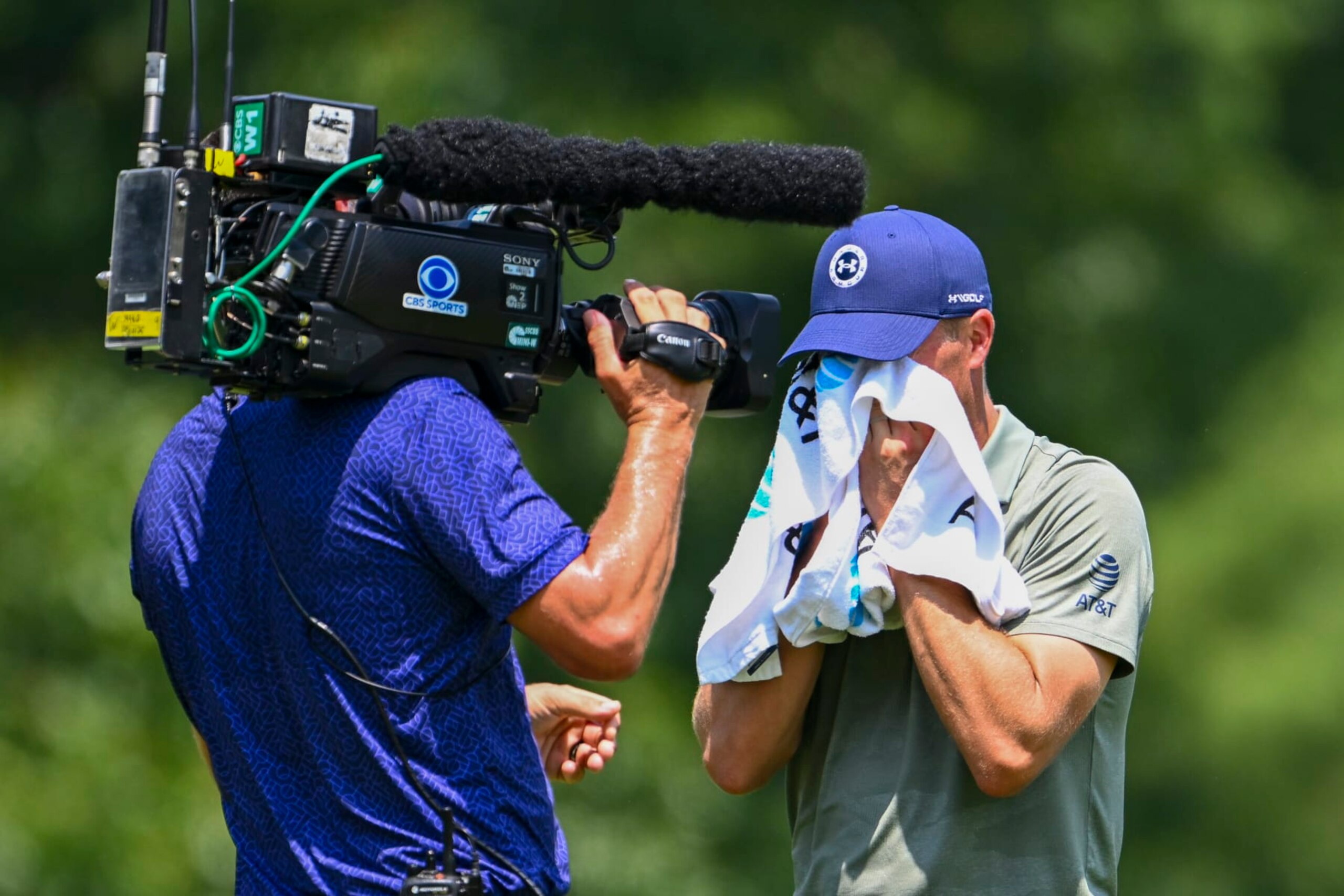 MEMPHIS, TENNESSEE - AUGUST 11: Jordan Spieth wipes sweat off his face during the second round of the FedEx St. Jude Championship at TPC Southwind on August 11, 2023 in Memphis, Tennessee. (Photo by Tracy Wilcox/PGA TOUR via Getty Images)