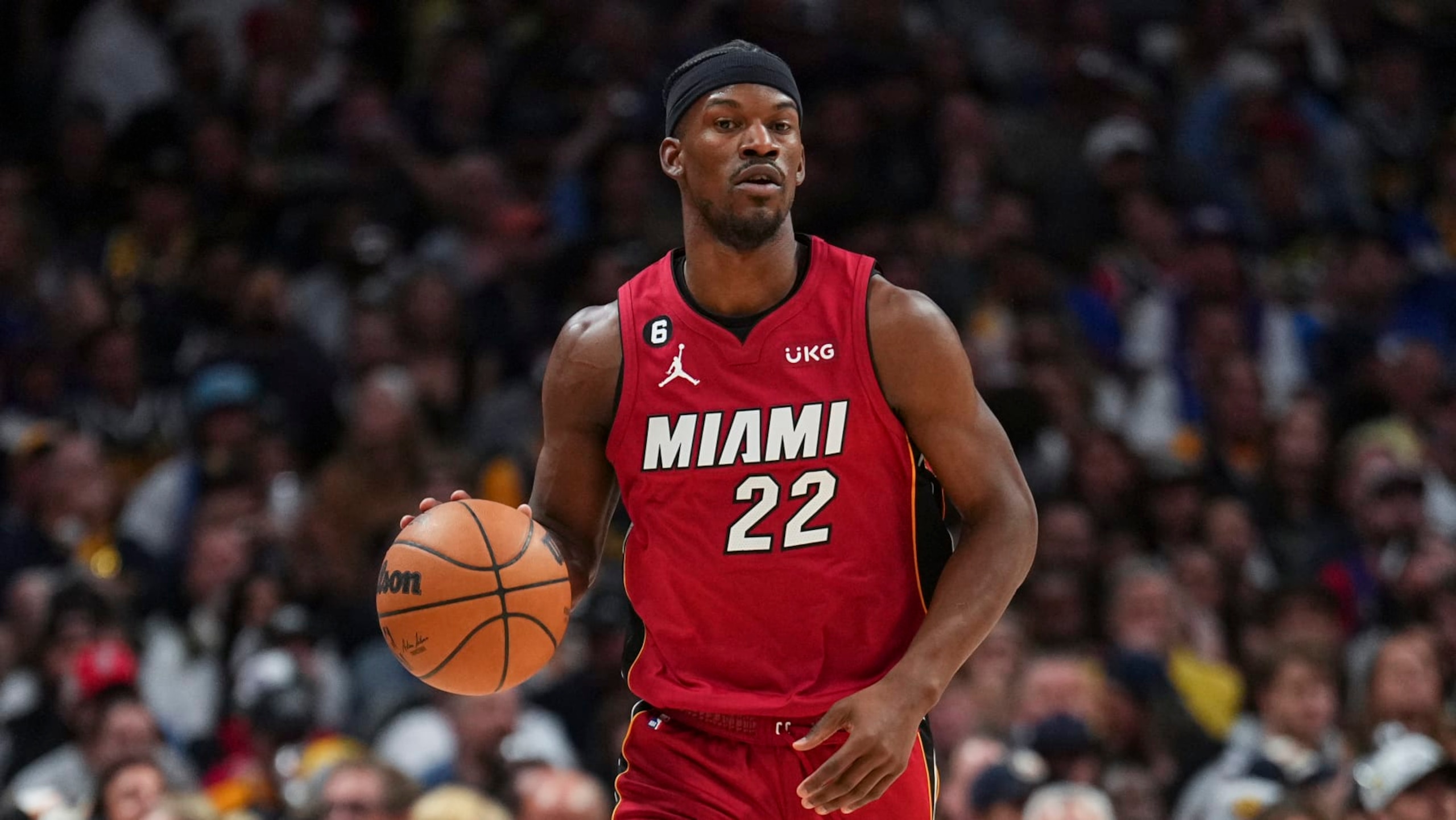 Miami Heat forward Jimmy Butler against the Denver Nuggets during the first half of Game 5 of basketball's NBA Finals, Monday, June 12, 2023, in Denver. (AP Photo/Jack Dempsey)