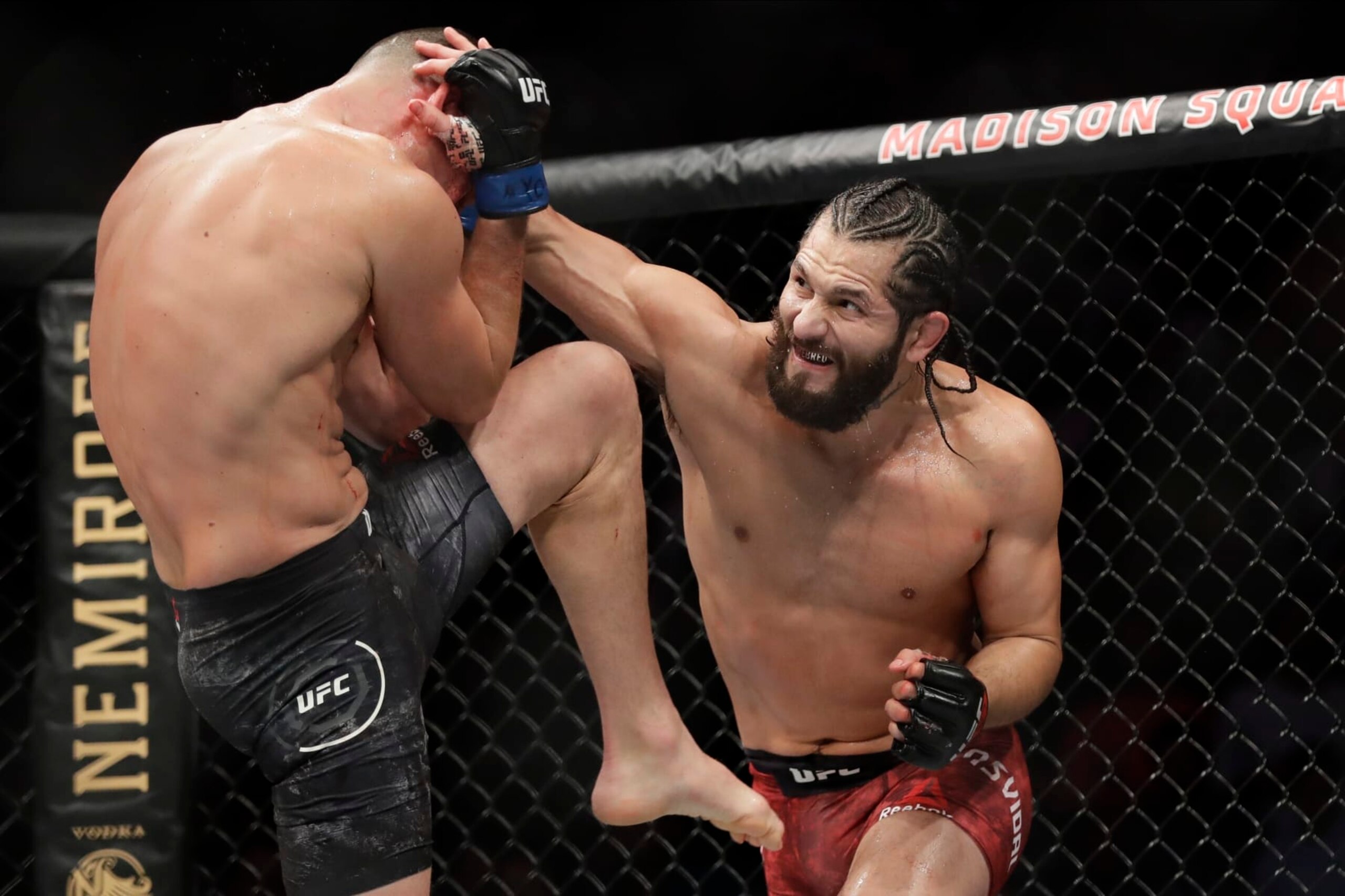Jorge Masvidal, right, punches Nate Diaz during the second round of a welterweight mixed martial arts bout at UFC 244 early Sunday, Nov. 3, 2019, in New York. Masvidal won in the fourth round. (AP Photo/Frank Franklin II) Jorge Masvidal, right, punches Nate Diaz during the second round of a welterweight mixed martial arts bout at UFC 244 early Sunday, Nov. 3, 2019, in New York. Masvidal won in the fourth round. (AP Photo/Frank Franklin II)
