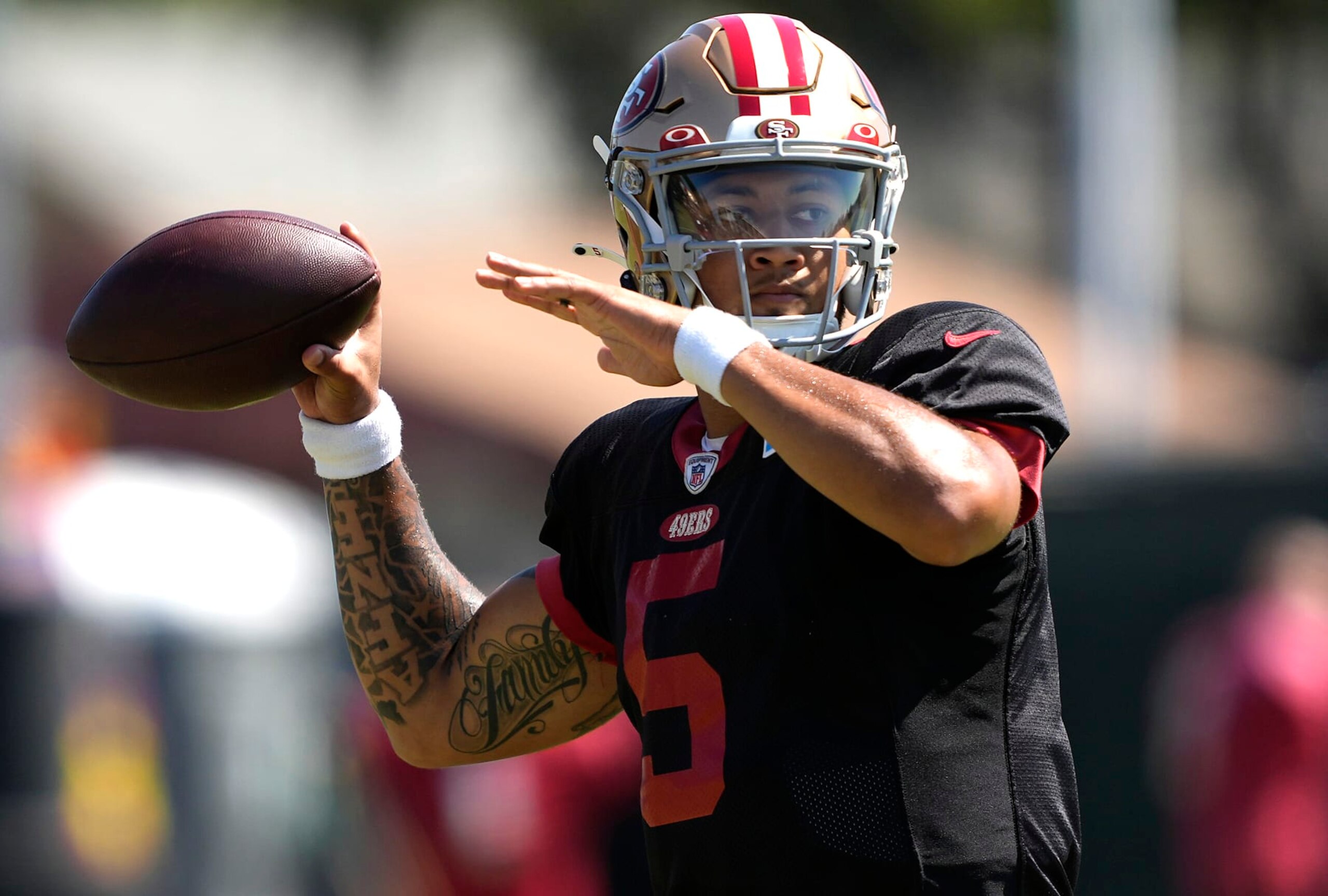 SANTA CLARA, CALIFORNIA - AUGUST 04: Trey Lance #5 of the San Francisco 49ers works out during training camp at SAP Performance Facility on August 04, 2023 in Santa Clara, California. (Photo by Thearon W. Henderson/Getty Images)