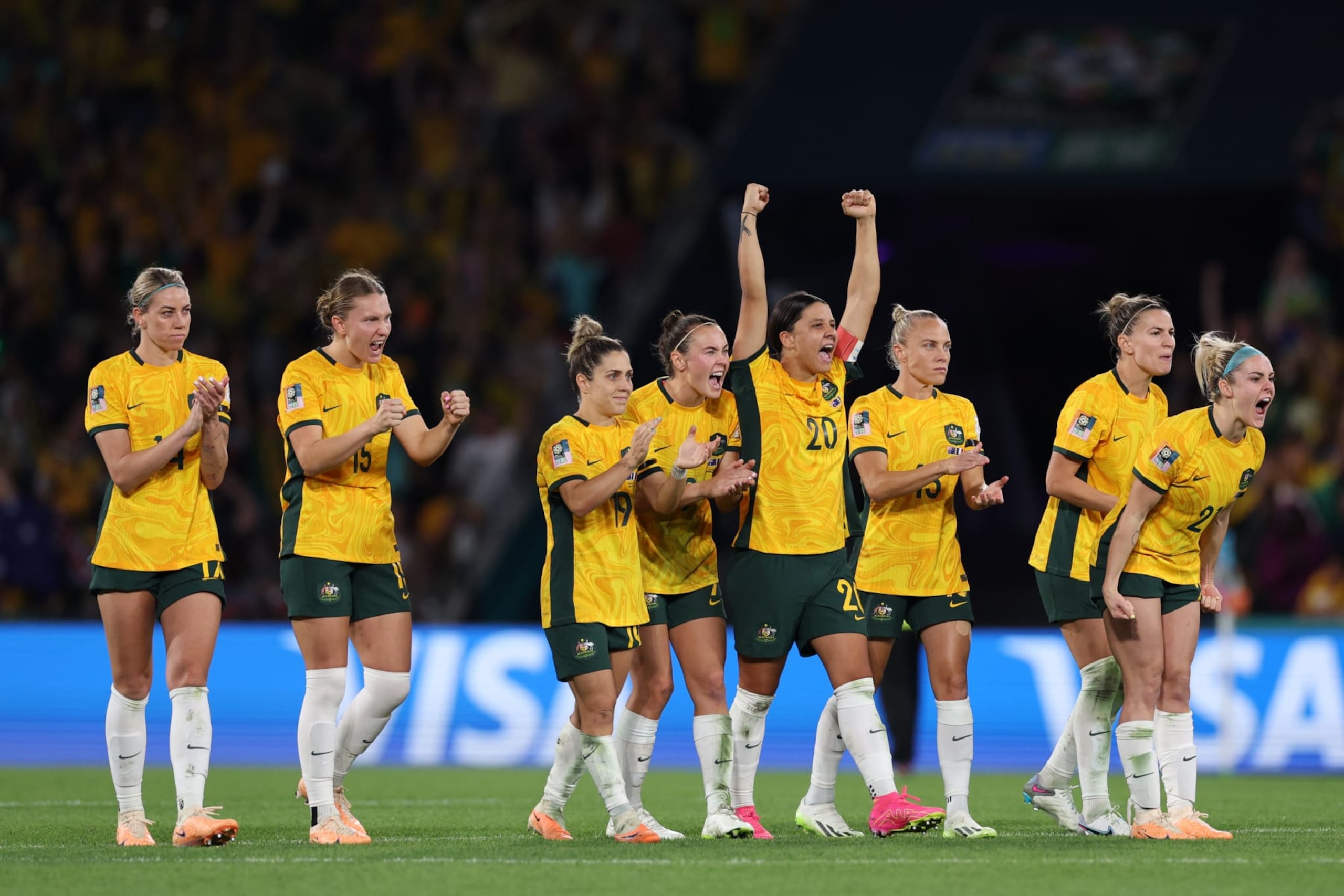BRISBANE, AUSTRALIA - AUGUST 12: Australia players celebrate as Mary Fowler of Australia scores her team's fourth penalty in the penalty shoot out during the FIFA Women's World Cup Australia & New Zealand 2023 Quarter Final match between Australia and France at Brisbane Stadium on August 12, 2023 in Brisbane / Meaanjin, Australia. (Photo by Elsa - FIFA/FIFA via Getty Images)