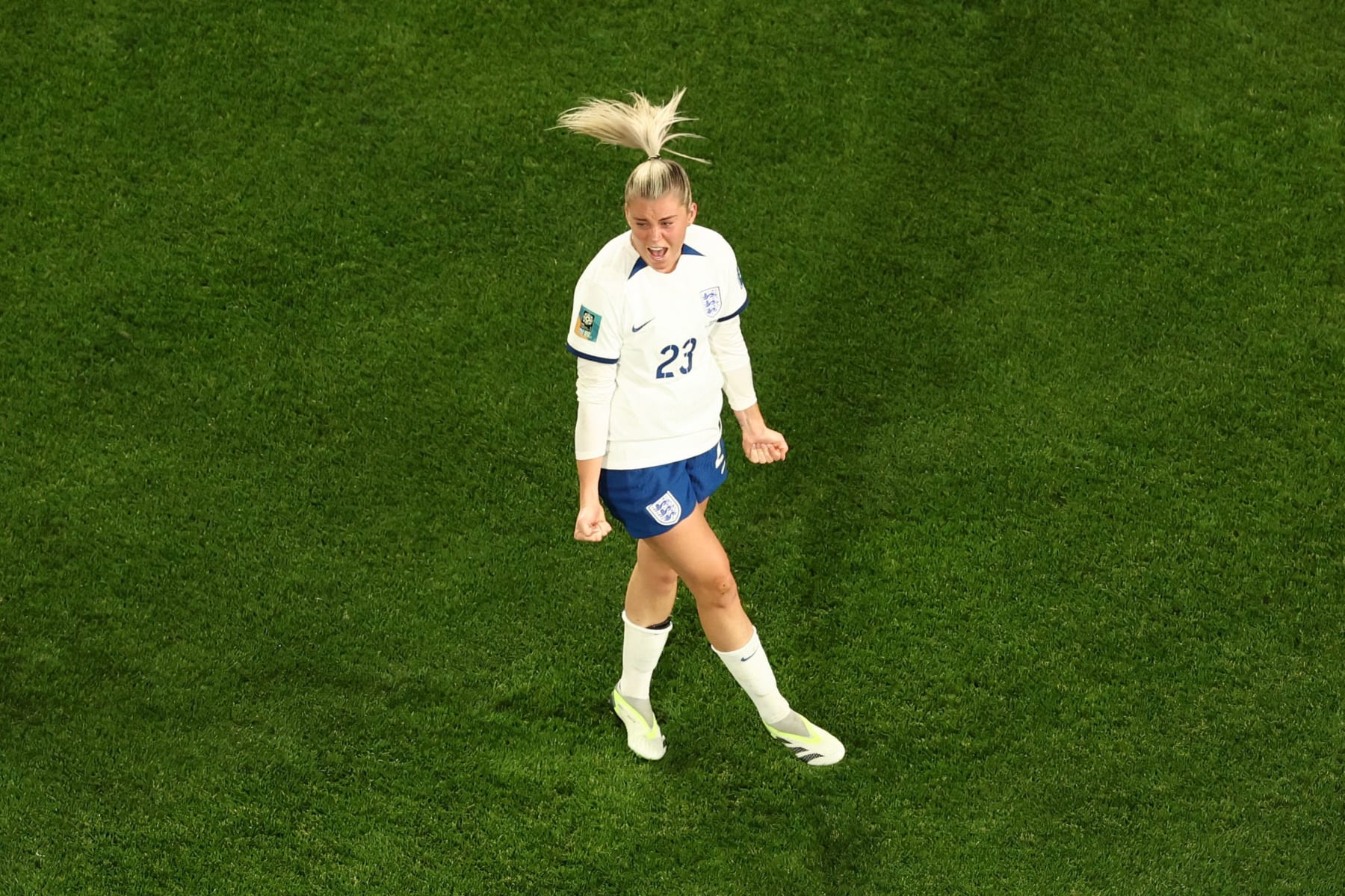 England's forward #23 Alessia Russo celebrates scoring her team's second goal during the Australia and New Zealand 2023 Women's World Cup quarter-final football match between Colombia and England at Stadium Australia in Sydney on August 12, 2023. (Photo by DAVID GRAY / AFP) (Photo by DAVID GRAY/AFP via Getty Images)