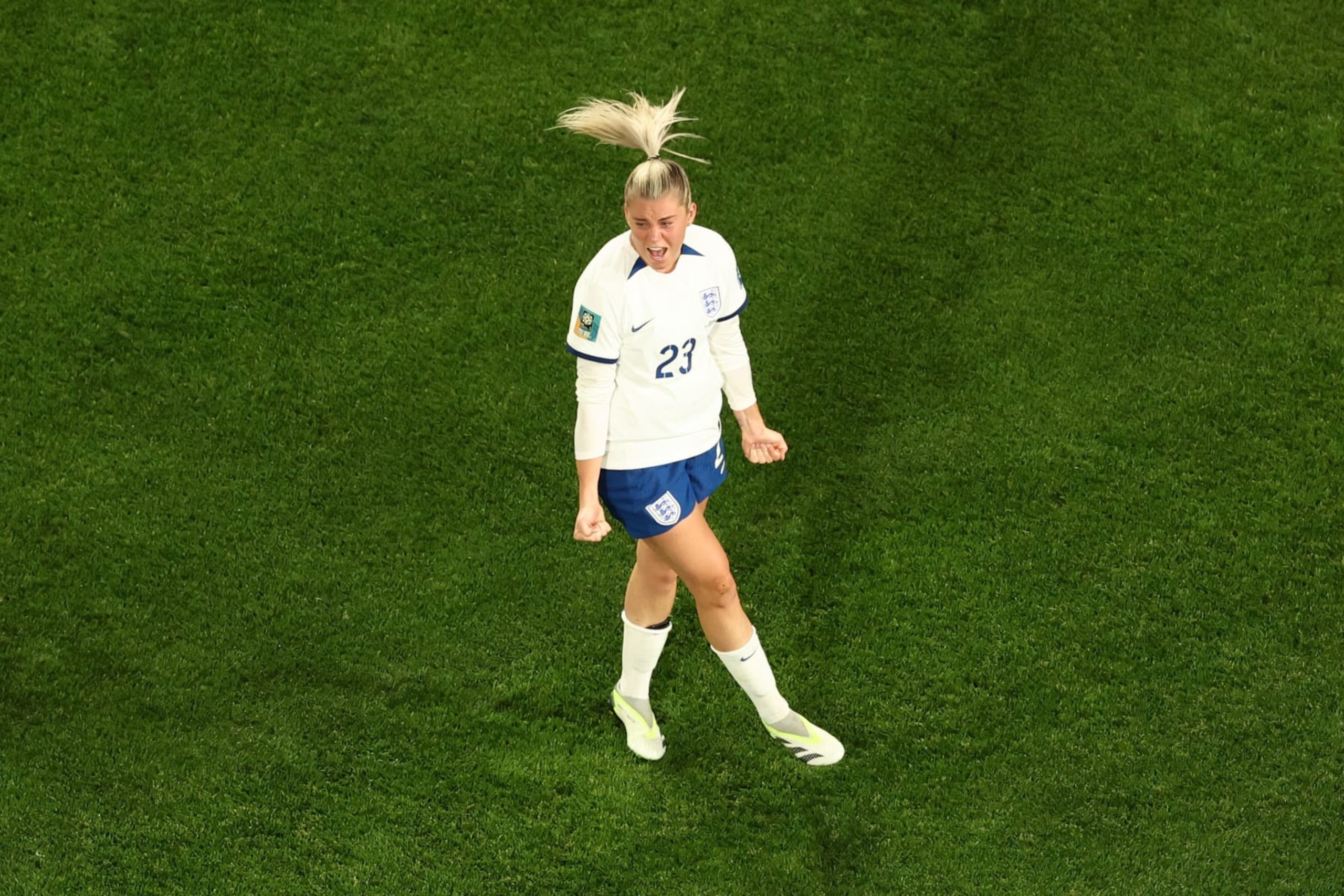 England's forward #23 Alessia Russo celebrates scoring her team's second goal during the Australia and New Zealand 2023 Women's World Cup quarter-final football match between Colombia and England at Stadium Australia in Sydney on August 12, 2023. (Photo by DAVID GRAY / AFP) (Photo by DAVID GRAY/AFP via Getty Images)