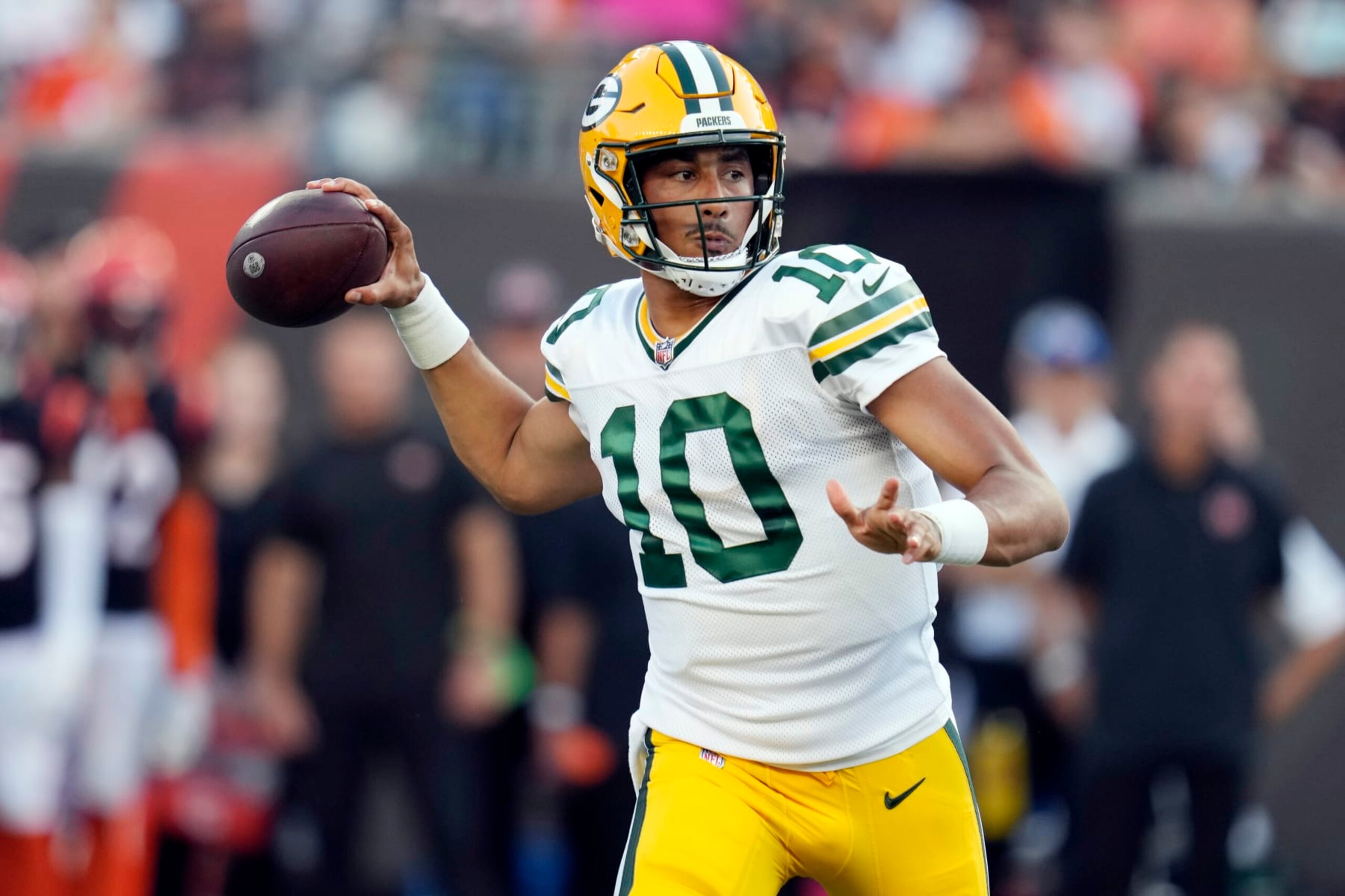 Green Bay Packers quarterback Jordan Love throws against the Cincinnati Bengals during the first half of a preseason NFL football game Friday, Aug. 11, 2023, in Cincinnati. (AP Photo/Michael Conroy)