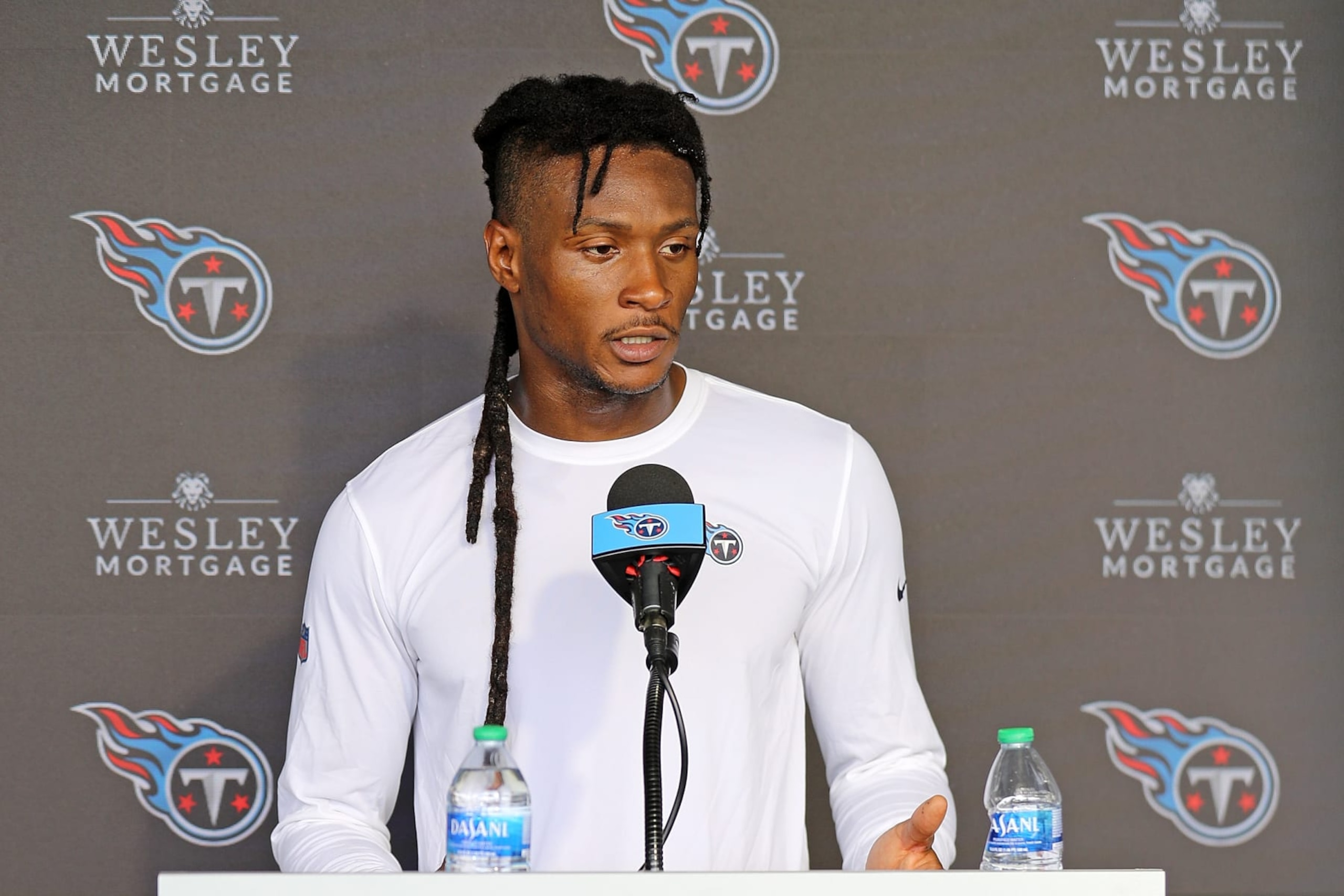 NASHVILLE, TENNESSEE - JULY 29: DeAndre Hopkins #10 of the Tennessee Titans answers questions during training camp at Ascension Saint Thomas Sports Park on July 29, 2023 in Nashville, Tennessee. (Photo by Justin Ford/Getty Images)