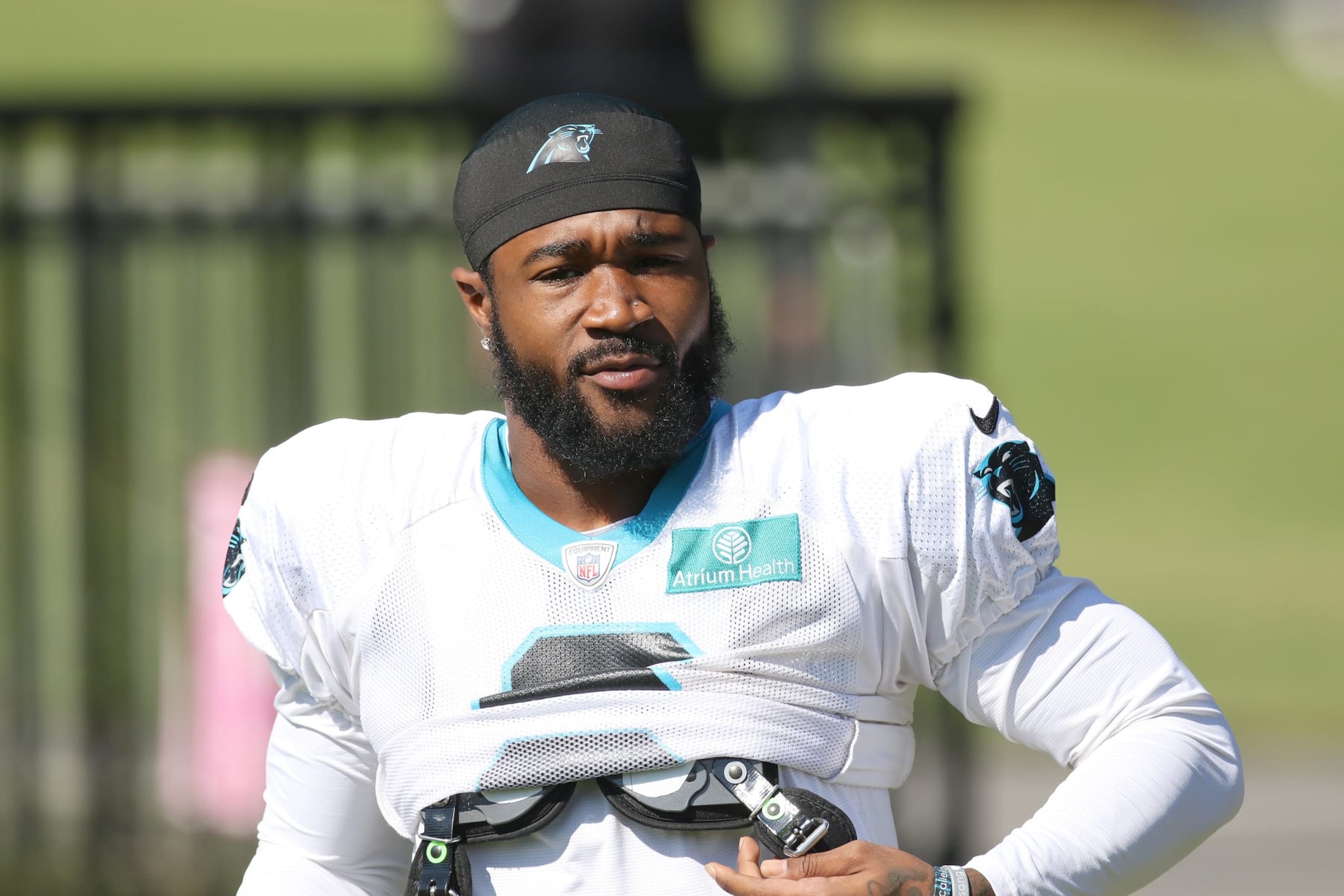 SPARTANBURG, SC - JULY 31: Carolina Panthers running back Miles Sanders (6) during the NFL Carolina Panthers training camp on July 31, 2023, at Wofford College campus in Spartanburg, S.C. (Photo by John Byrum/Icon Sportswire via Getty Images)