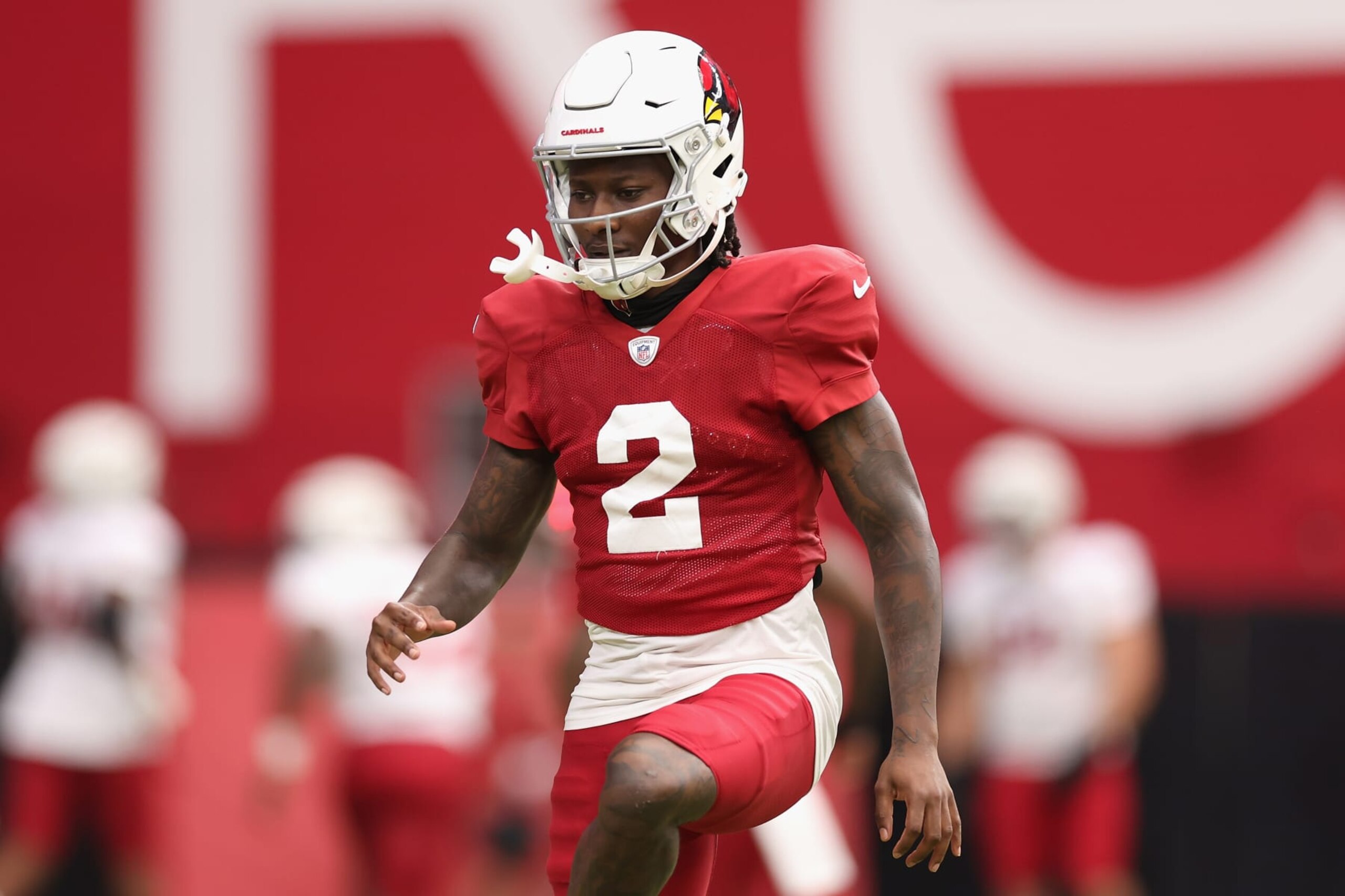GLENDALE, ARIZONA - AUGUST 03:  Wide receiver Marquise Brown #2 of the Arizona Cardinals participates in a team practice ahead of the NFL season at State Farm Stadium on August 03, 2023 in Glendale, Arizona. (Photo by Christian Petersen/Getty Images)
