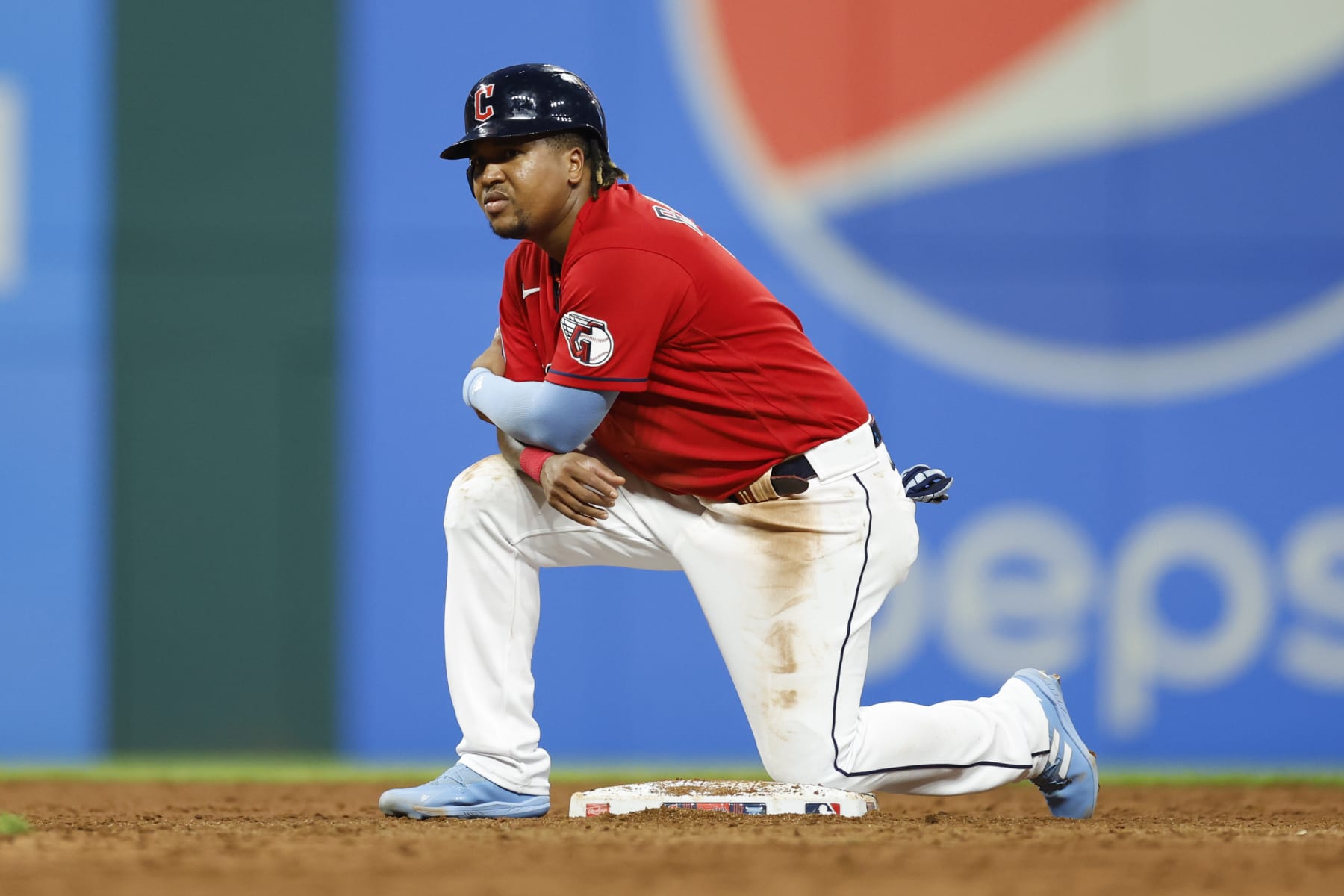 CLEVELAND, OH - AUGUST 05: Jose Ramirez #11 of the Cleveland Guardians waits on second base before being ejected for a fight with the Chicago White Sox during the sixth inning at Progressive Field on August 05, 2023 in Cleveland, Ohio. (Photo by Ron Schwane/Getty Images)