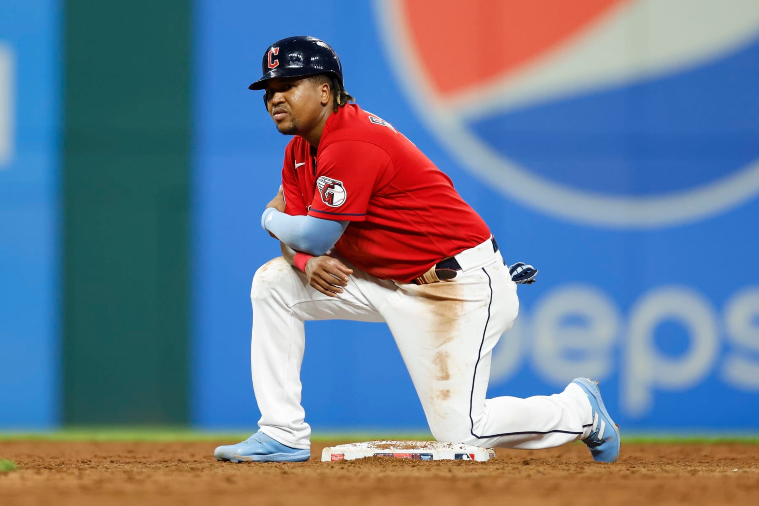 CLEVELAND, OH - AUGUST 05: Jose Ramirez #11 of the Cleveland Guardians waits on second base before being ejected for a fight with the Chicago White Sox during the sixth inning at Progressive Field on August 05, 2023 in Cleveland, Ohio. (Photo by Ron Schwane/Getty Images)