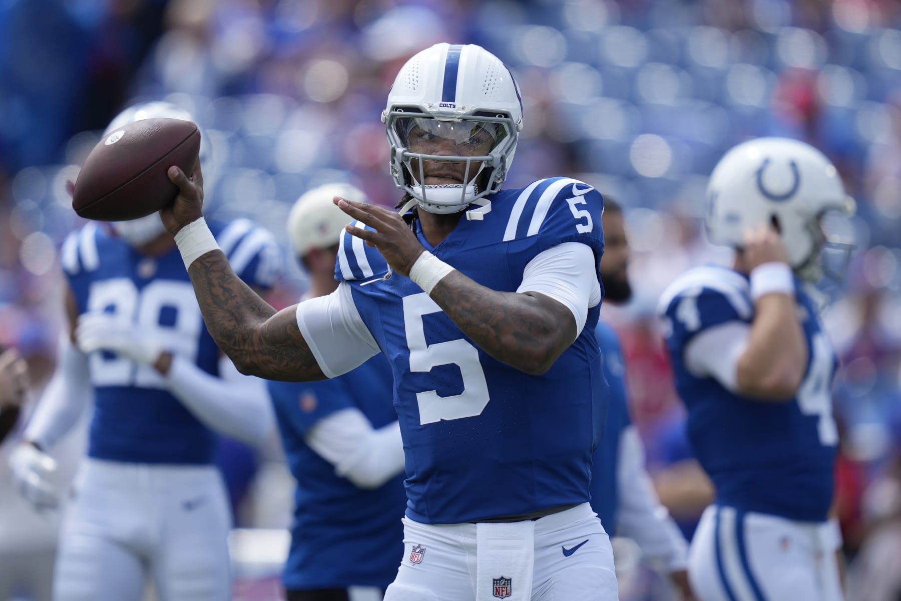 Indianapolis Colts quarterback Anthony Richardson (5) warms up before an NFL preseason football game against the Buffalo Bills in Orchard Park, N.Y., Saturday, Aug. 12, 2023. (AP Photo/Charles Krupa)