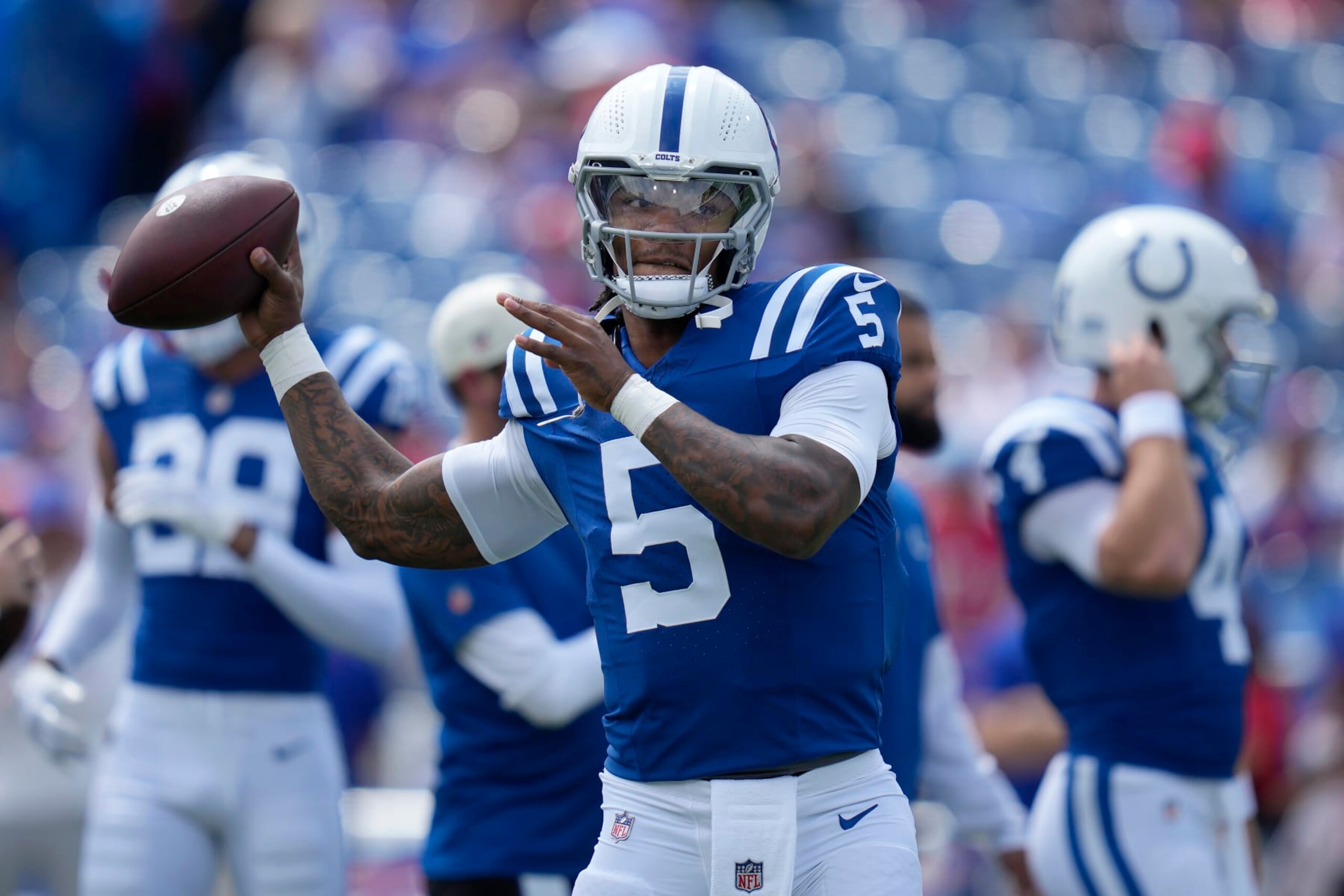 Indianapolis Colts quarterback Anthony Richardson (5) warms up before an NFL preseason football game against the Buffalo Bills in Orchard Park, N.Y., Saturday, Aug. 12, 2023. (AP Photo/Charles Krupa)