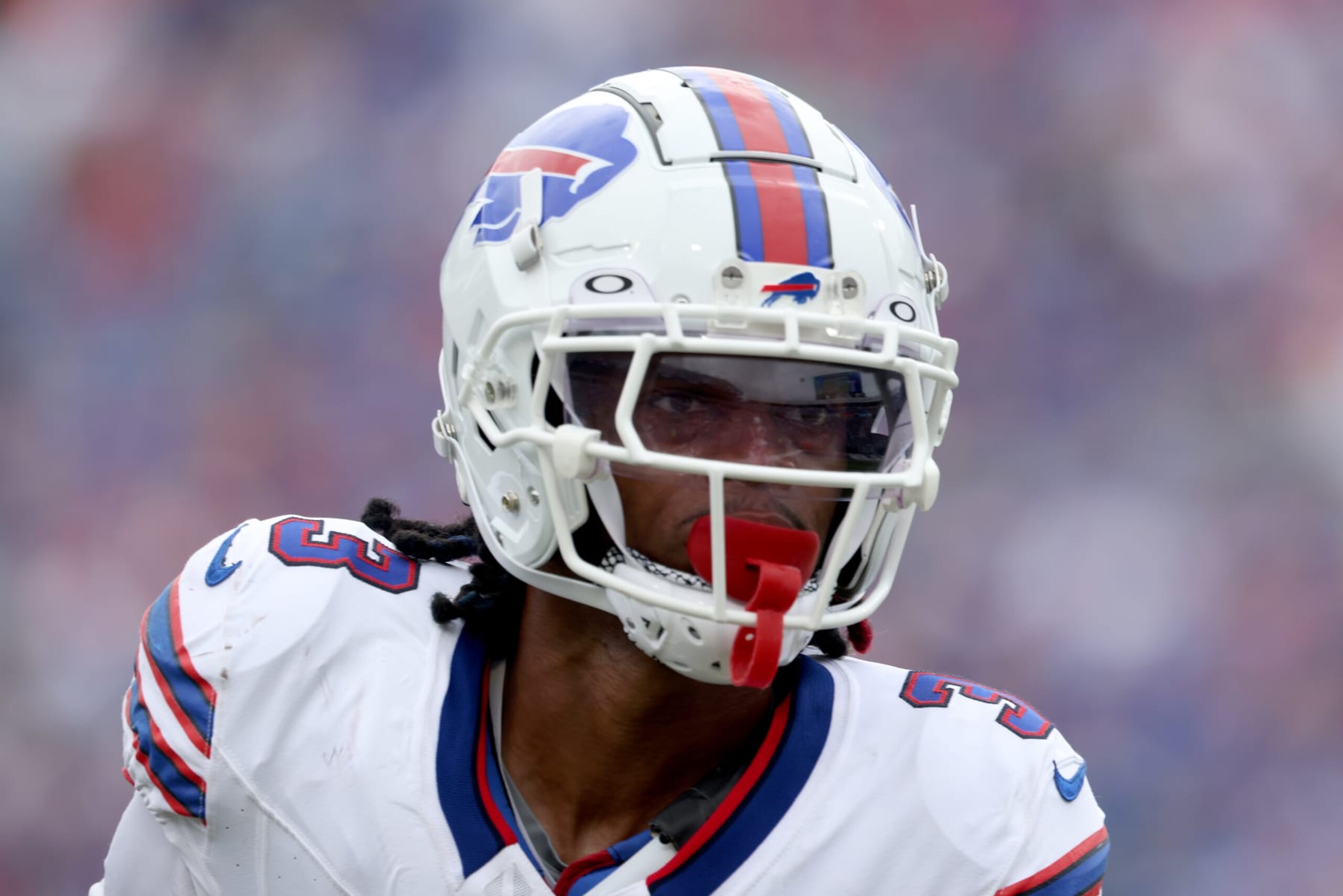 ORCHARD PARK, NEW YORK - AUGUST 12: Damar Hamlin #3 of the Buffalo Bills looks on during the second quarter of a preseason game against the Indianapolis Colts at Highmark Stadium on August 12, 2023 in Orchard Park, New York. (Photo by Bryan M. Bennett/Getty Images)