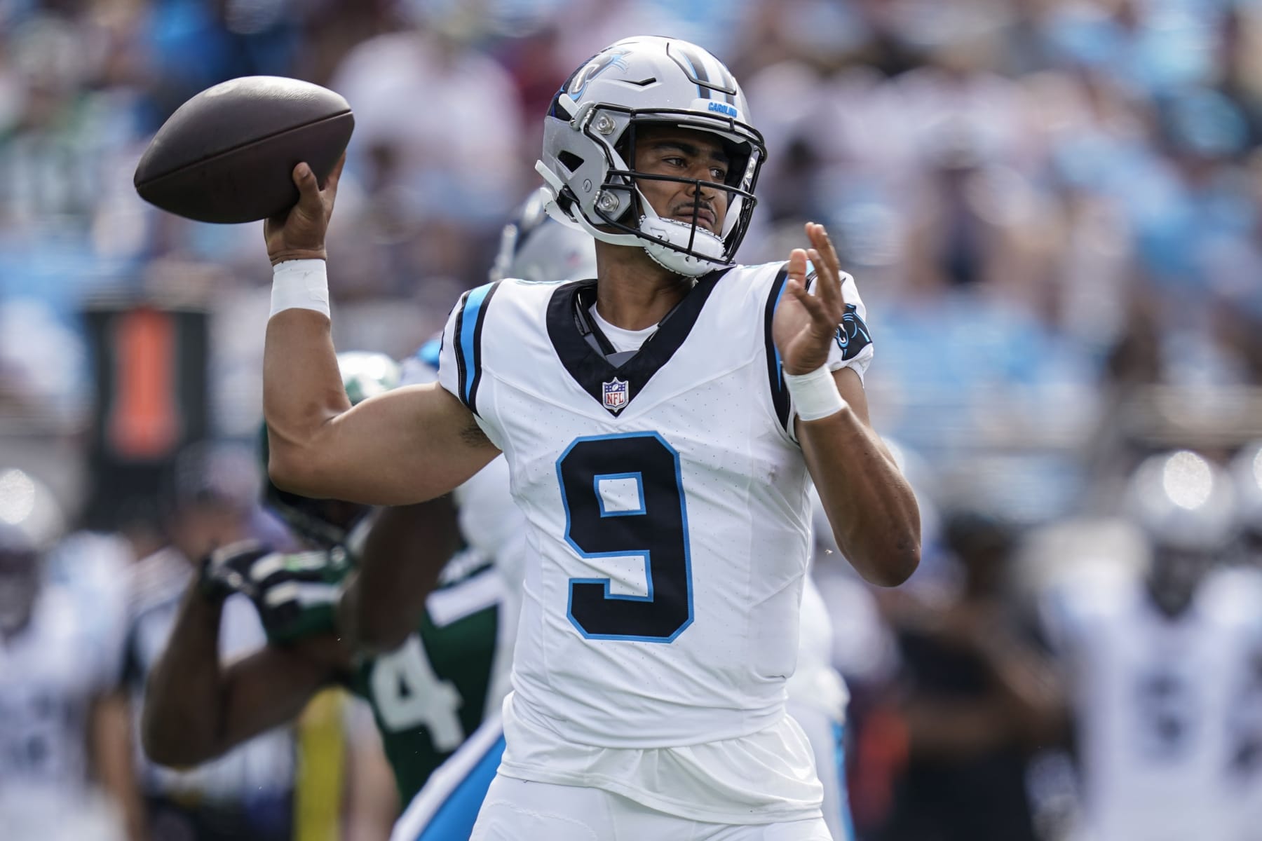 Carolina Panthers quarterback Bryce Young (9) throws in the pocket against the New York Jets during the first half of an NFL preseason football game, Saturday, Aug. 12, 2023, in Charlotte, N.C. (AP Photo/Erik Verduzco)