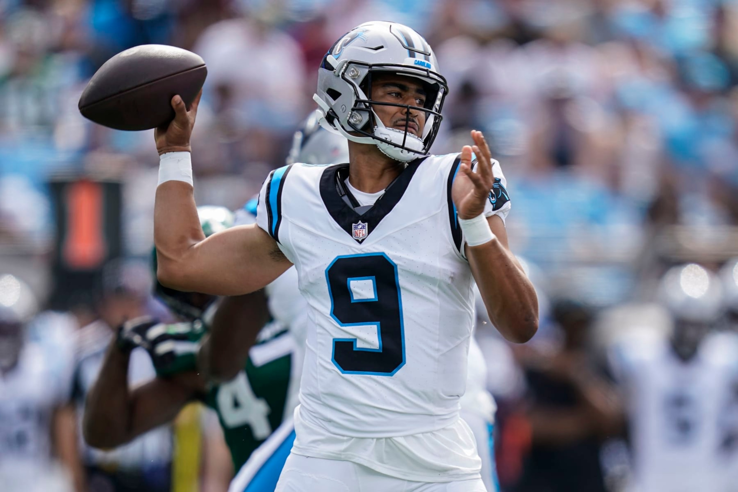 Carolina Panthers quarterback Bryce Young (9) throws in the pocket against the New York Jets during the first half of an NFL preseason football game, Saturday, Aug. 12, 2023, in Charlotte, N.C. (AP Photo/Erik Verduzco)