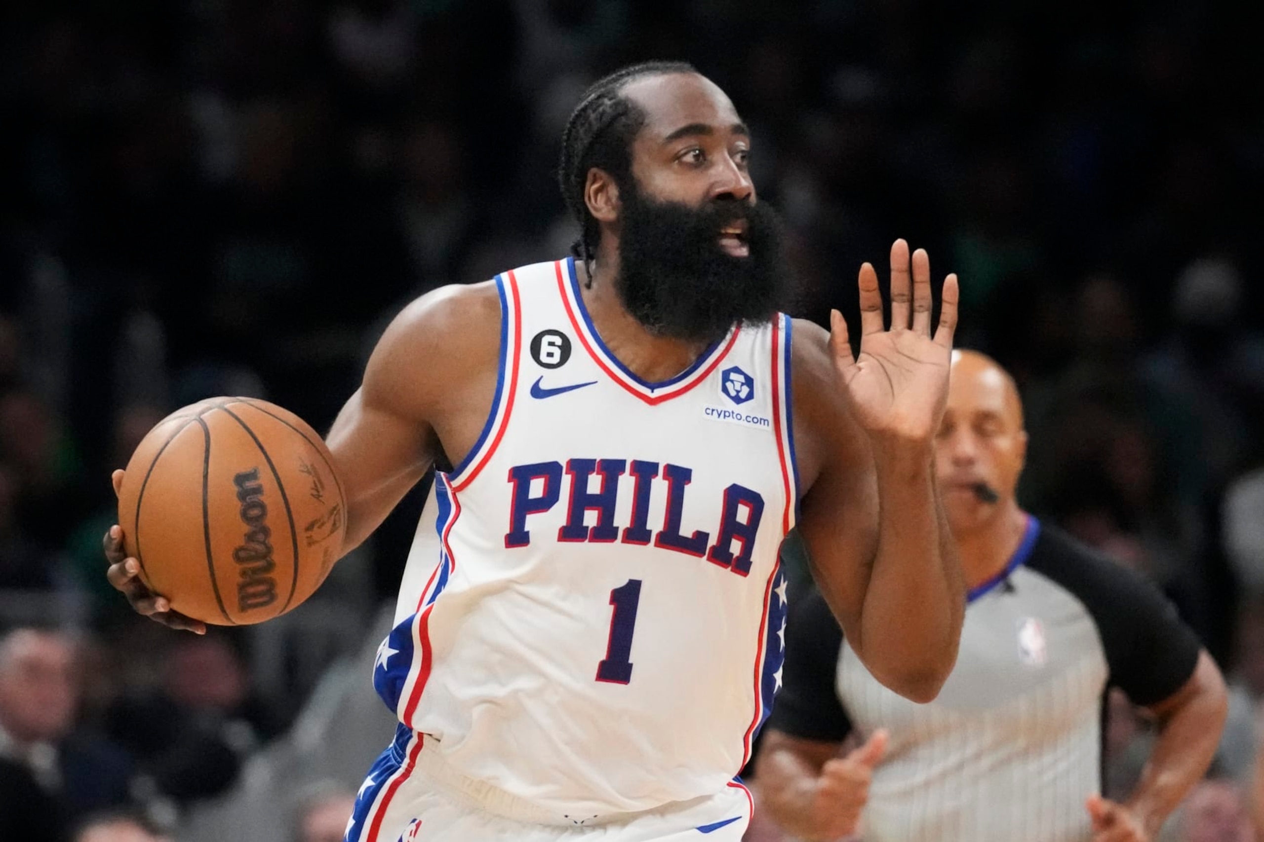 Philadelphia 76ers guard James Harden (1) calls to teammates during the first half of Game 5 against the Boston Celtics in the NBA basketball Eastern Conference semifinals playoff series, Tuesday, May 9, 2023, in Boston. (AP Photo/Charles Krupa)