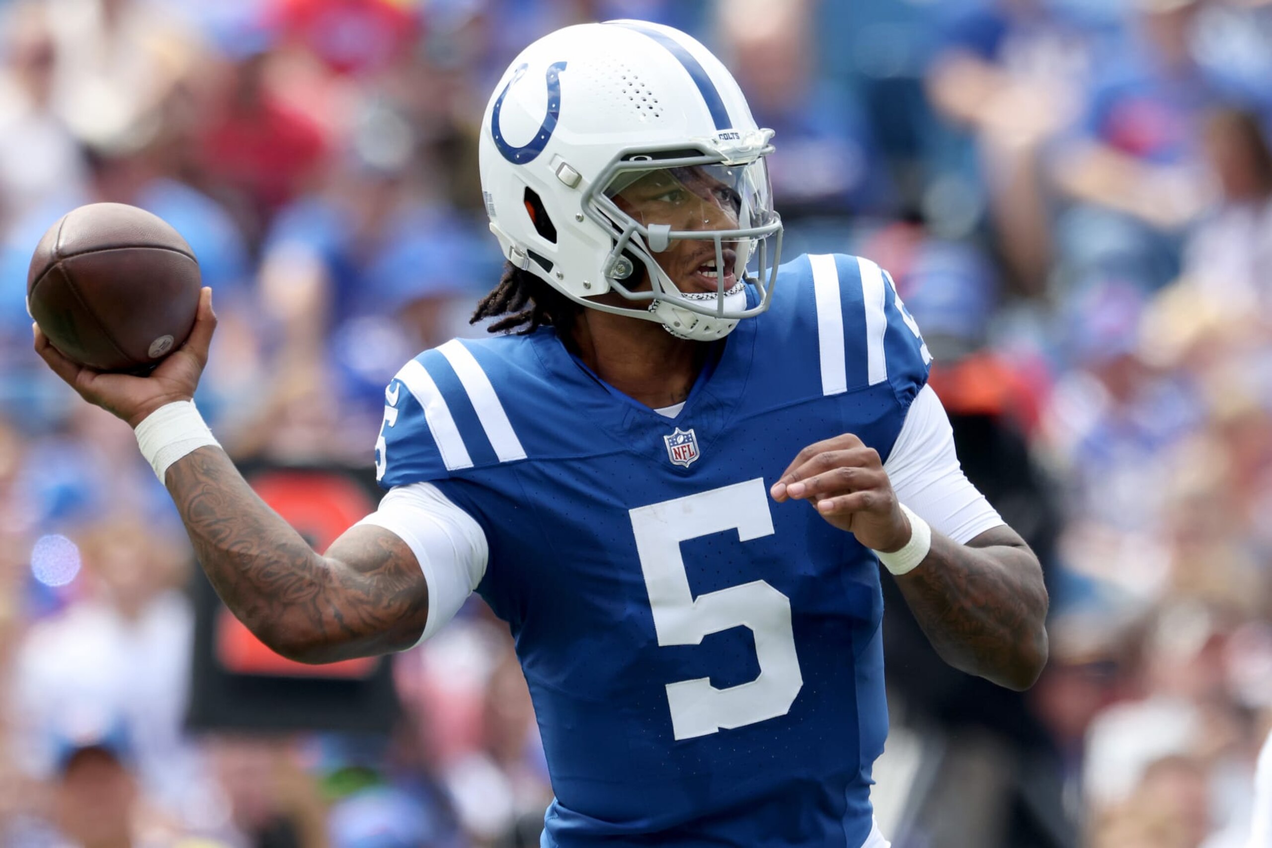 ORCHARD PARK, NEW YORK - AUGUST 12: Anthony Richardson #5 of the Indianapolis Colts passes the ball during the first quarter of a preseason game against the Buffalo Bills at Highmark Stadium on August 12, 2023 in Orchard Park, New York. (Photo by Bryan M. Bennett/Getty Images)