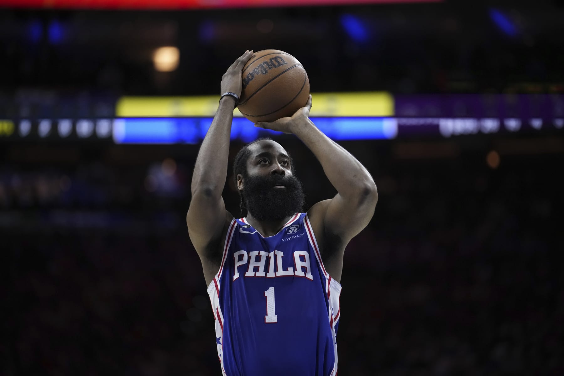 Philadelphia 76ers' James Harden plays during the second half of Game 6 of an NBA basketball playoffs Eastern Conference semifinal, Thursday, May 11, 2023, in Philadelphia. (AP Photo/Matt Slocum)