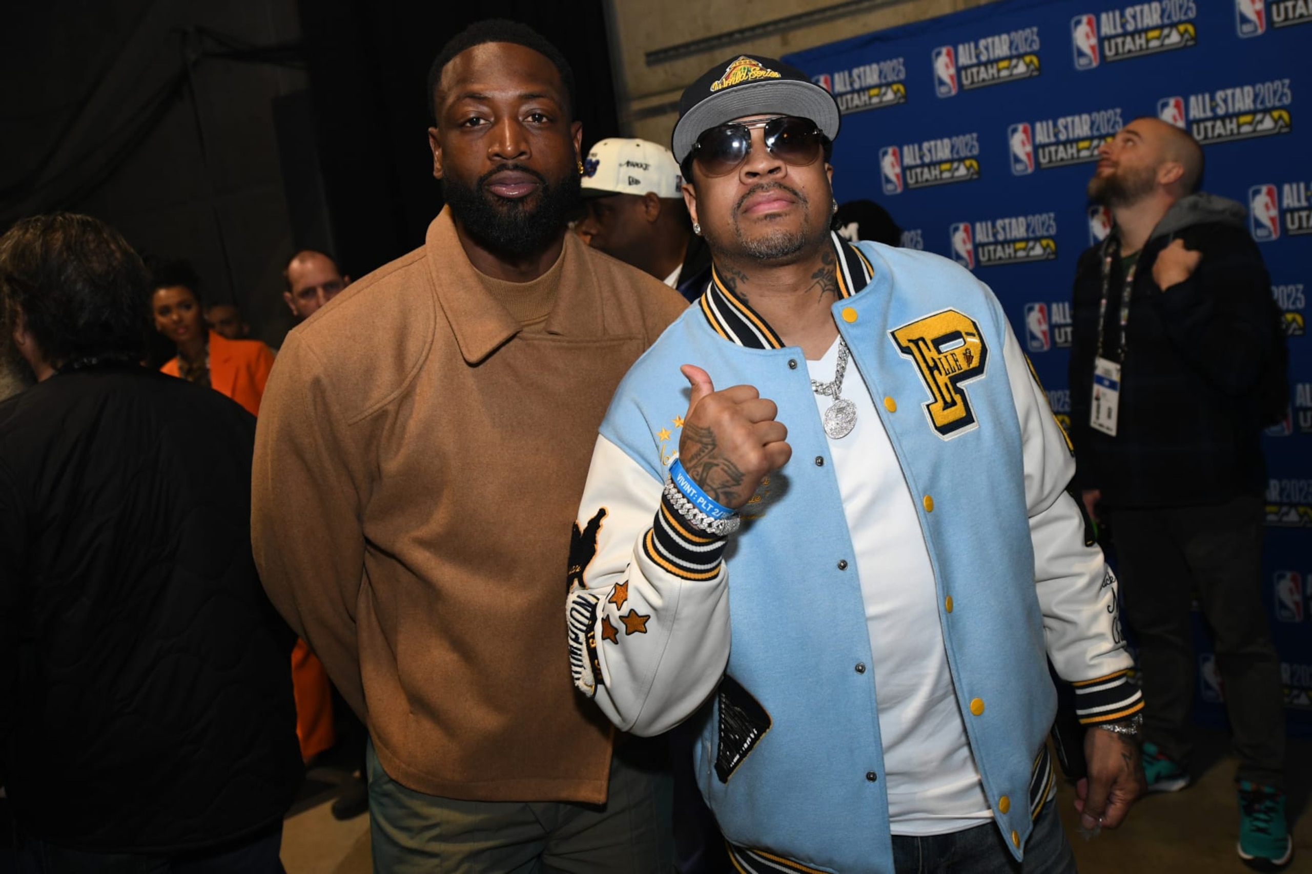 SALT LAKE CITY, UT - FEBRUARY 19: Dwyane Wade and Allen Iverson poses for a photo during the NBA All-Star Game as part of 2023 NBA All Star Weekend on Sunday, February 19, 2023 at Vivint Arena in Salt Lake City, Utah. NOTE TO USER: User expressly acknowledges and agrees that, by downloading and/or using this Photograph, user is consenting to the terms and conditions of the Getty Images License Agreement. Mandatory Copyright Notice: Copyright 2023 NBAE (Photo by Tom OConnor/NBAE via Getty Images) SALT LAKE CITY, UT - FEBRUARY 19: Dwyane Wade and Allen Iverson poses for a photo during the NBA All-Star Game as part of 2023 NBA All Star Weekend on Sunday, February 19, 2023 at Vivint Arena in Salt Lake City, Utah. NOTE TO USER: User expressly acknowledges and agrees that, by downloading and/or using this Photograph, user is consenting to the terms and conditions of the Getty Images License Agreement. Mandatory Copyright Notice: Copyright 2023 NBAE (Photo by Tom OConnor/NBAE via Getty Images)
