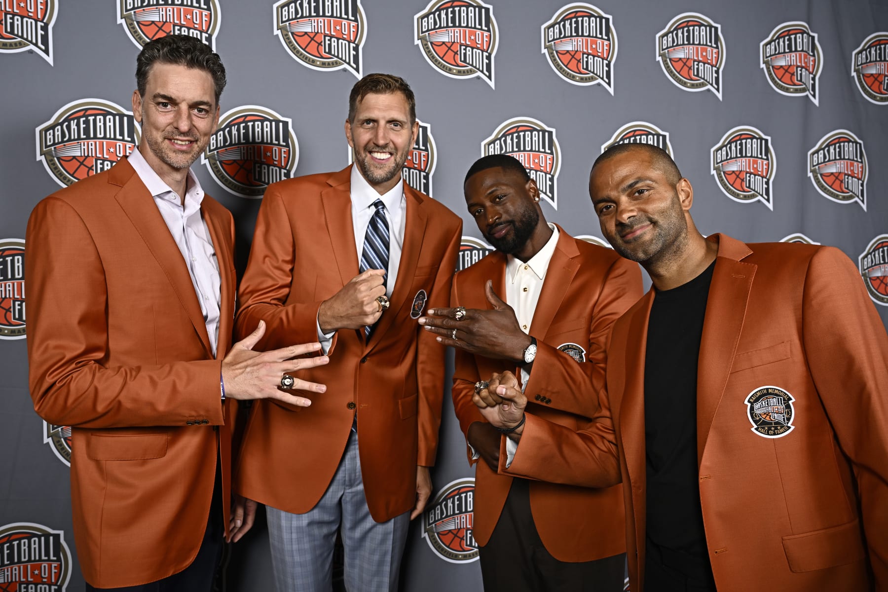 UNCASVILLE, CT - AUGUST 11: Pau Gasol, Dirk Nowitzki, Tony Parker and Dwayne Wade pose for a portrait during the Class of 2023 Tip-Off Celebration and Awards Gala as part of the 2023 Basketball Hall of Fame Enshrinement Ceremony on August 11, 2023 at the Mohegan Sun in Uncasville, Connecticut. NOTE TO USER: User expressly acknowledges and agrees that, by downloading and/or using this photograph, user is consenting to the terms and conditions of the Getty Images License Agreement. Mandatory Copyright Notice: Copyright 2023 NBAE (Photo by David Dow/NBAE via Getty Images)