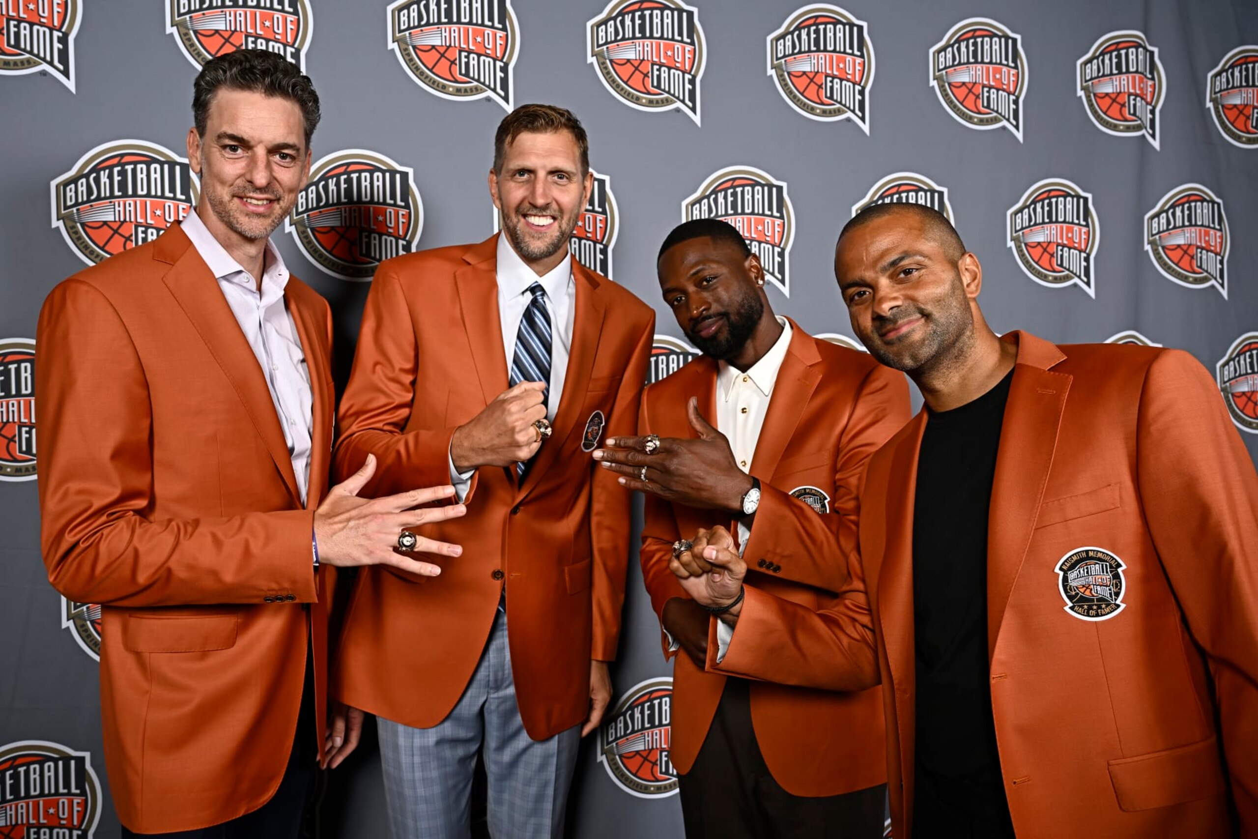 UNCASVILLE, CT - AUGUST 11: Pau Gasol, Dirk Nowitzki, Tony Parker and Dwayne Wade pose for a portrait during the Class of 2023 Tip-Off Celebration and Awards Gala as part of the 2023 Basketball Hall of Fame Enshrinement Ceremony on August 11, 2023 at the Mohegan Sun in Uncasville, Connecticut. NOTE TO USER: User expressly acknowledges and agrees that, by downloading and/or using this photograph, user is consenting to the terms and conditions of the Getty Images License Agreement. Mandatory Copyright Notice: Copyright 2023 NBAE (Photo by David Dow/NBAE via Getty Images) UNCASVILLE, CT - AUGUST 11: Pau Gasol, Dirk Nowitzki, Tony Parker and Dwayne Wade pose for a portrait during the Class of 2023 Tip-Off Celebration and Awards Gala as part of the 2023 Basketball Hall of Fame Enshrinement Ceremony on August 11, 2023 at the Mohegan Sun in Uncasville, Connecticut. NOTE TO USER: User expressly acknowledges and agrees that, by downloading and/or using this photograph, user is consenting to the terms and conditions of the Getty Images License Agreement. Mandatory Copyright Notice: Copyright 2023 NBAE (Photo by David Dow/NBAE via Getty Images)