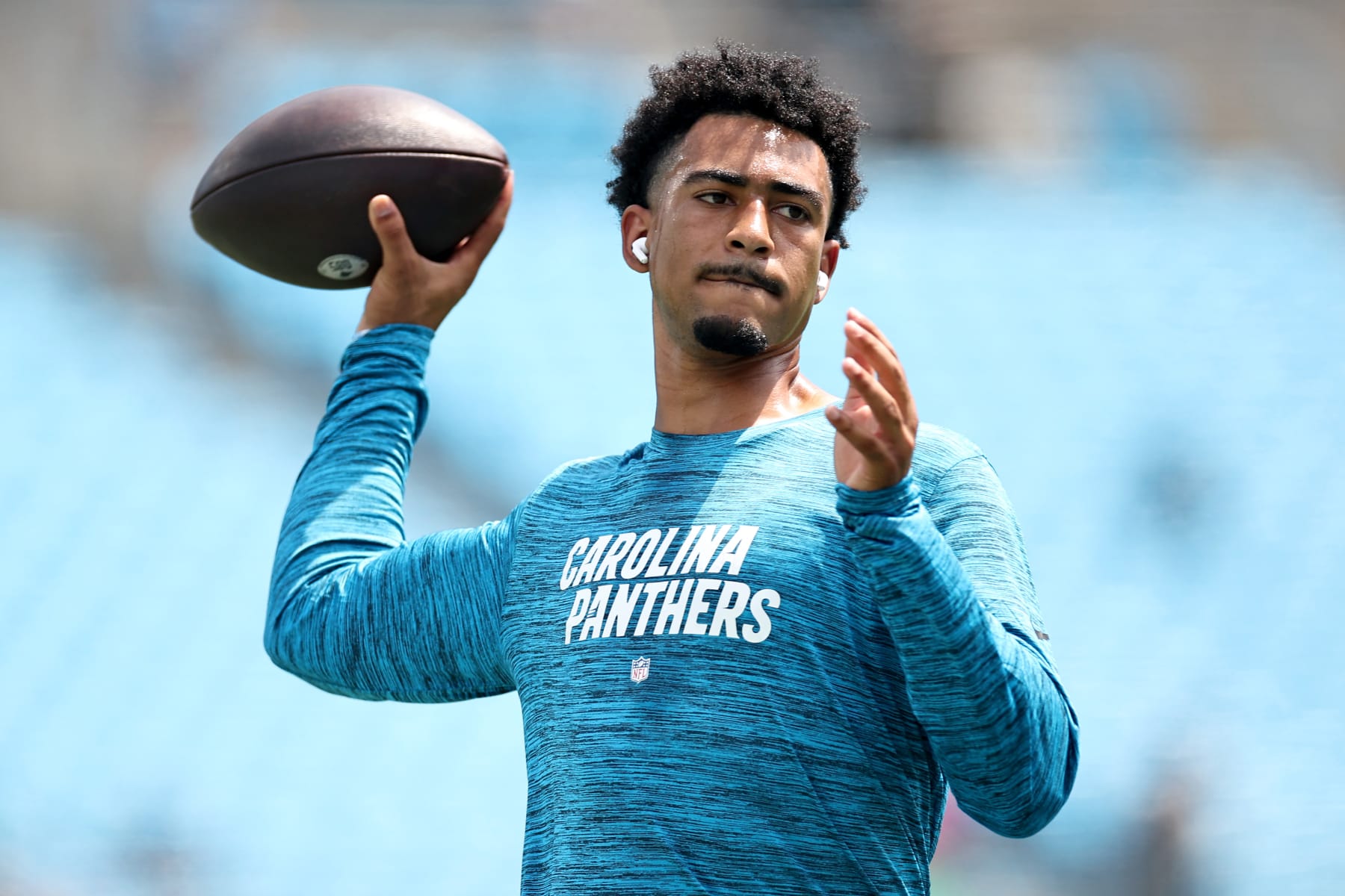 CHARLOTTE, NORTH CAROLINA - AUGUST 12: Bryce Young #9 of the Carolina Panthers warms up prior to a preseason game against the New York Jets at Bank of America Stadium on August 12, 2023 in Charlotte, North Carolina. (Photo by Jared C. Tilton/Getty Images)