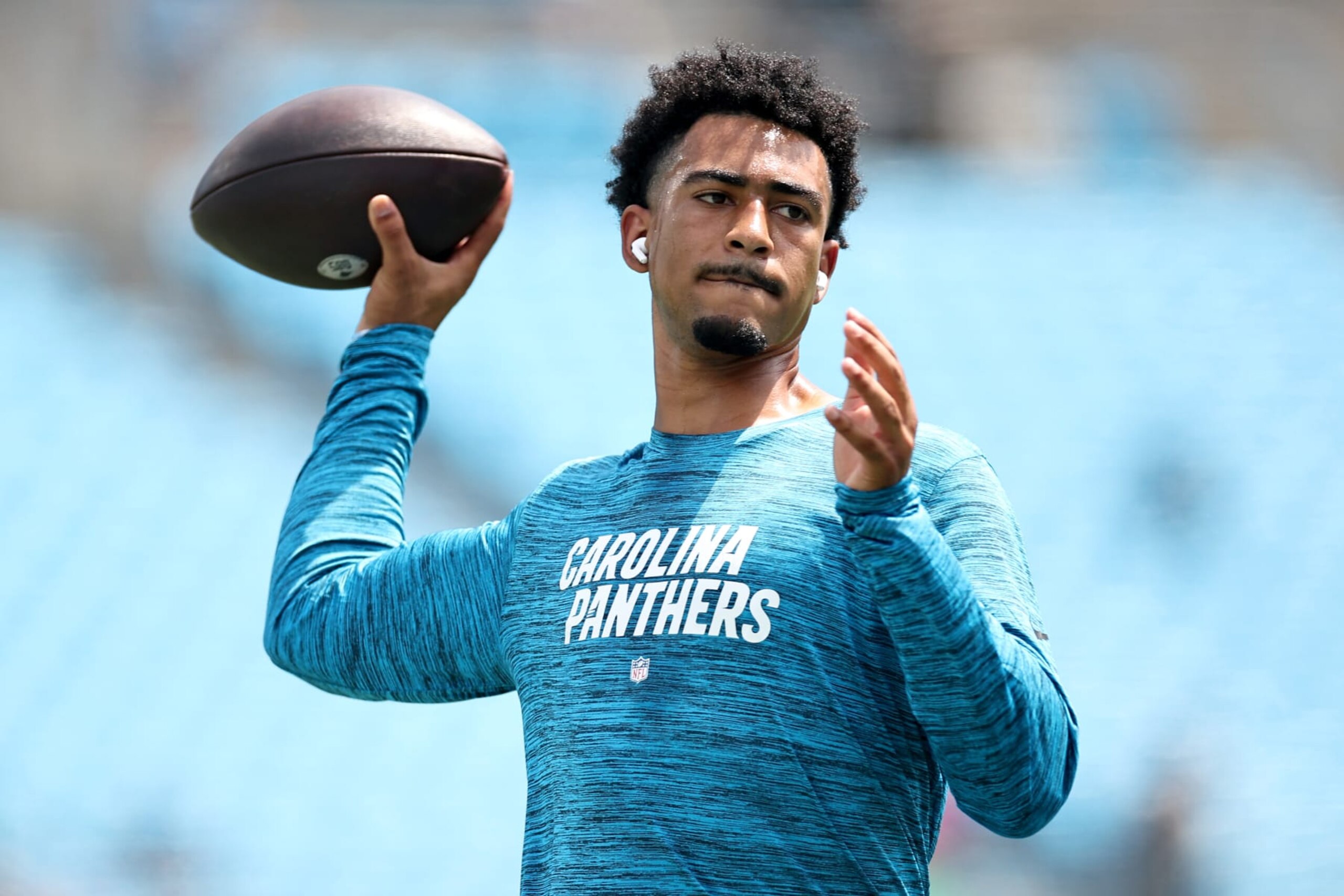 CHARLOTTE, NORTH CAROLINA - AUGUST 12: Bryce Young #9 of the Carolina Panthers warms up prior to a preseason game against the New York Jets at Bank of America Stadium on August 12, 2023 in Charlotte, North Carolina. (Photo by Jared C. Tilton/Getty Images)