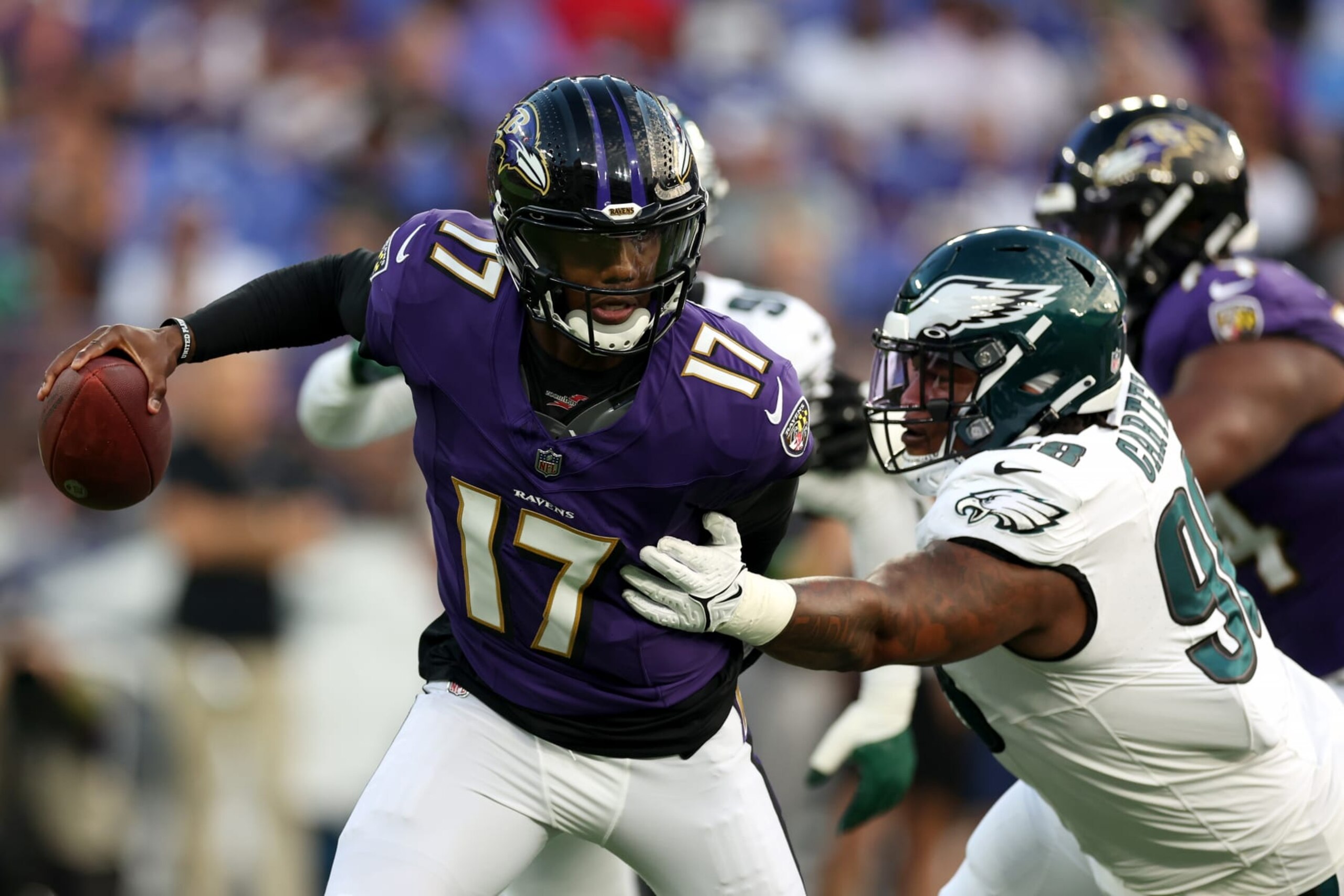 Jalen Carter rushes Josh Johnson