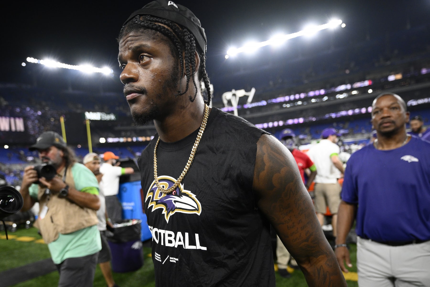 Baltimore Ravens quarterback Lamar Jackson walks off the field after an NFL preseason football game against the Philadelphia Eagles in Baltimore, Saturday, Aug. 12, 2023. (AP Photo/Nick Wass)