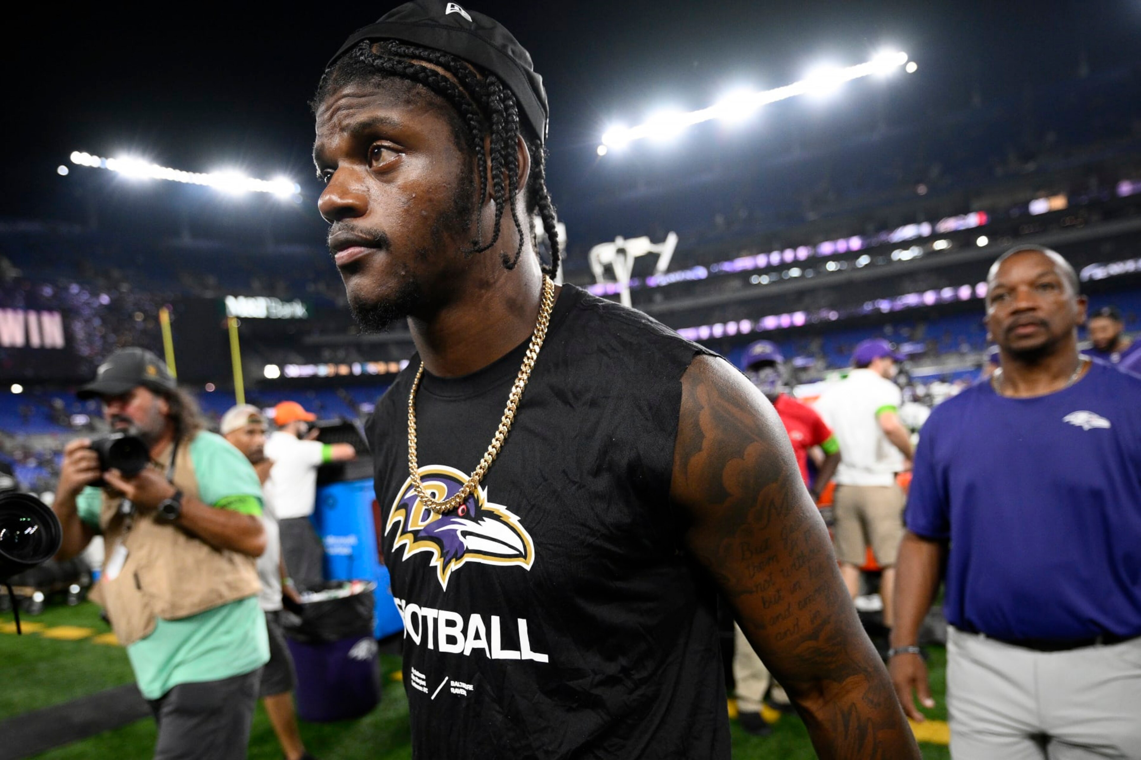 Baltimore Ravens quarterback Lamar Jackson walks off the field after an NFL preseason football game against the Philadelphia Eagles in Baltimore, Saturday, Aug. 12, 2023. (AP Photo/Nick Wass) Baltimore Ravens quarterback Lamar Jackson walks off the field after an NFL preseason football game against the Philadelphia Eagles in Baltimore, Saturday, Aug. 12, 2023. (AP Photo/Nick Wass)