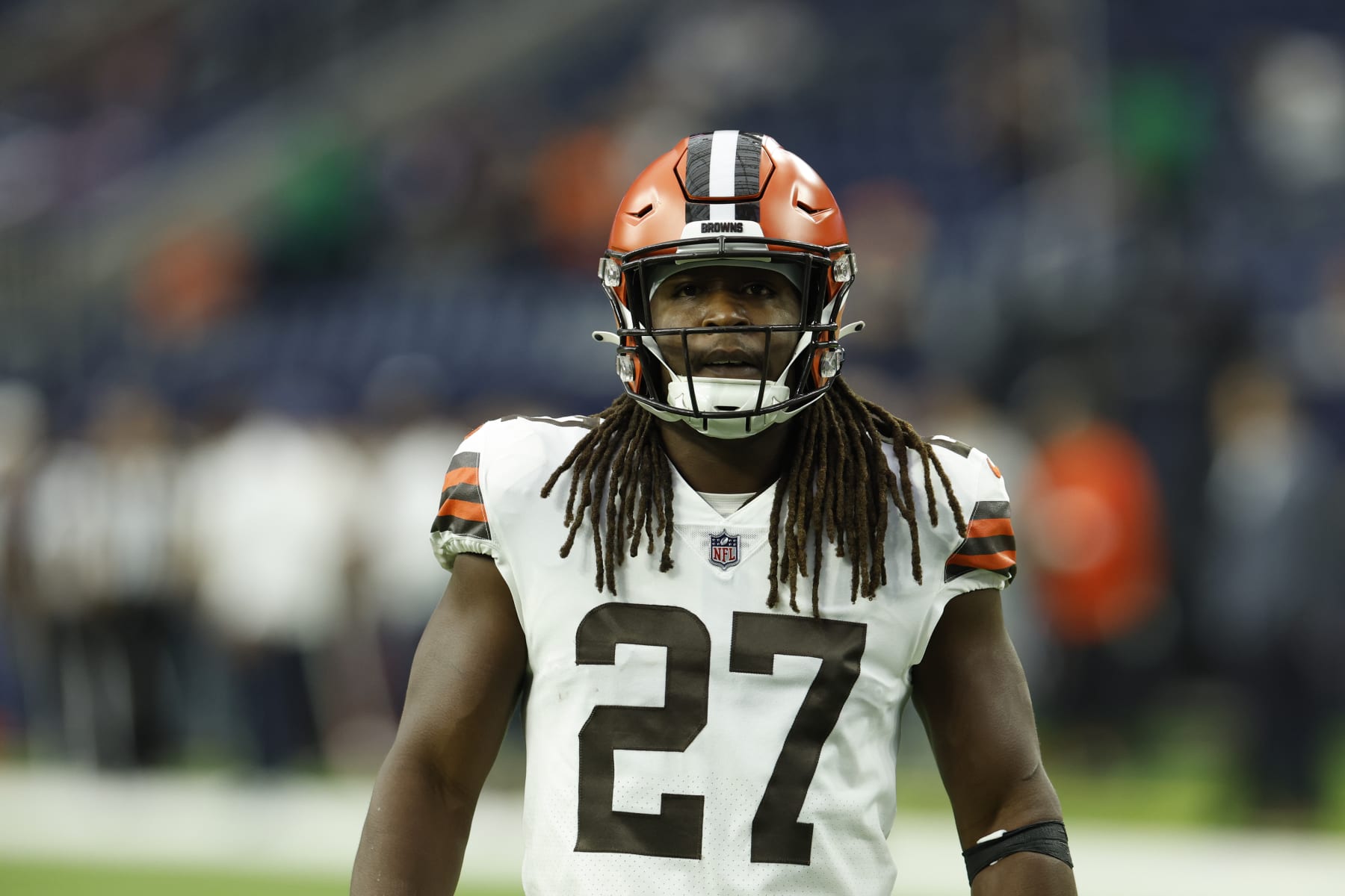 Cleveland Browns running back Kareem Hunt (27) during pregame warmups before an NFL football game against the Houston Texans on Sunday, December 4, 2022, in Houston. (AP Photo/Matt Patterson)