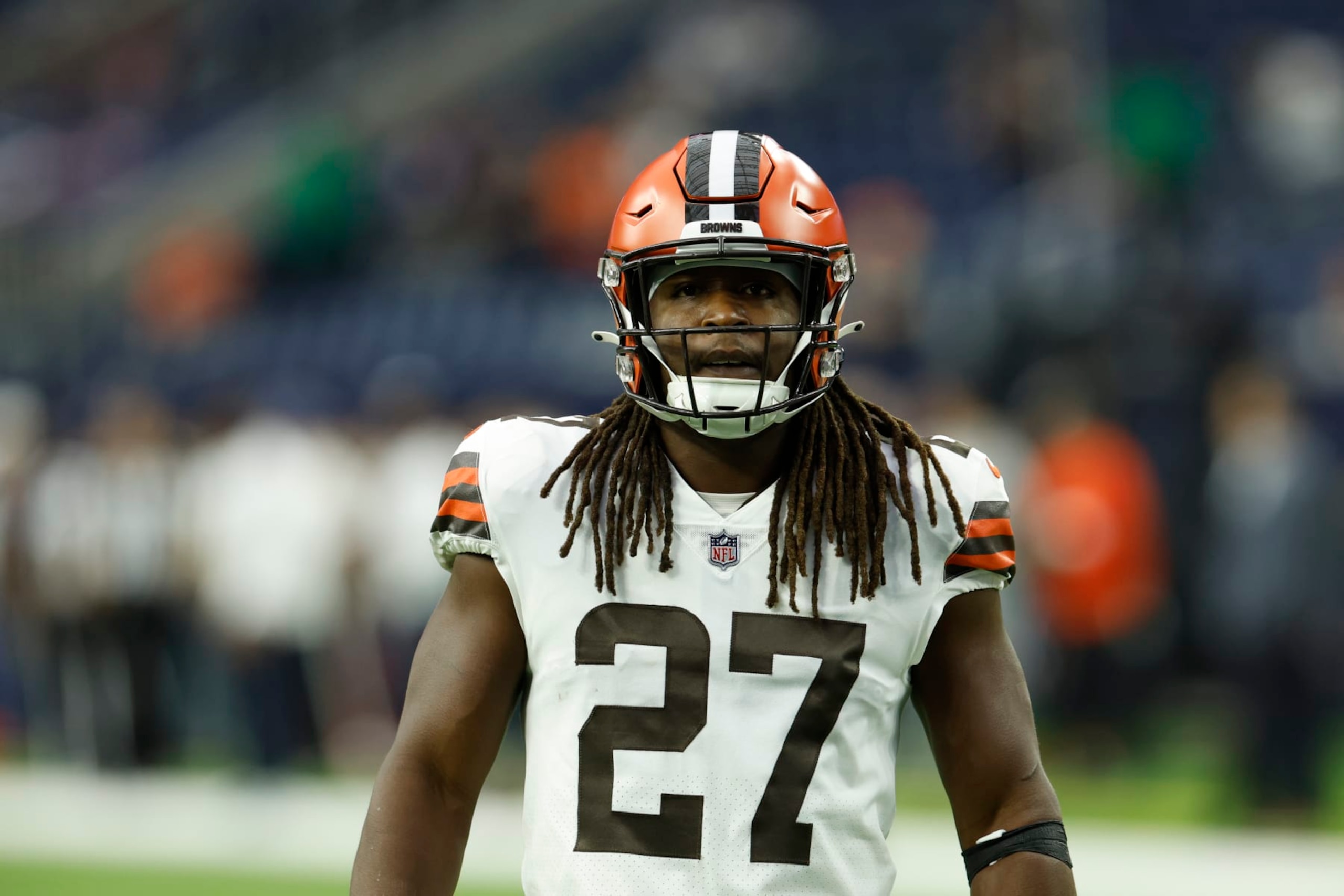 Cleveland Browns running back Kareem Hunt (27) during pregame warmups before an NFL football game against the Houston Texans on Sunday, December 4, 2022, in Houston. (AP Photo/Matt Patterson)