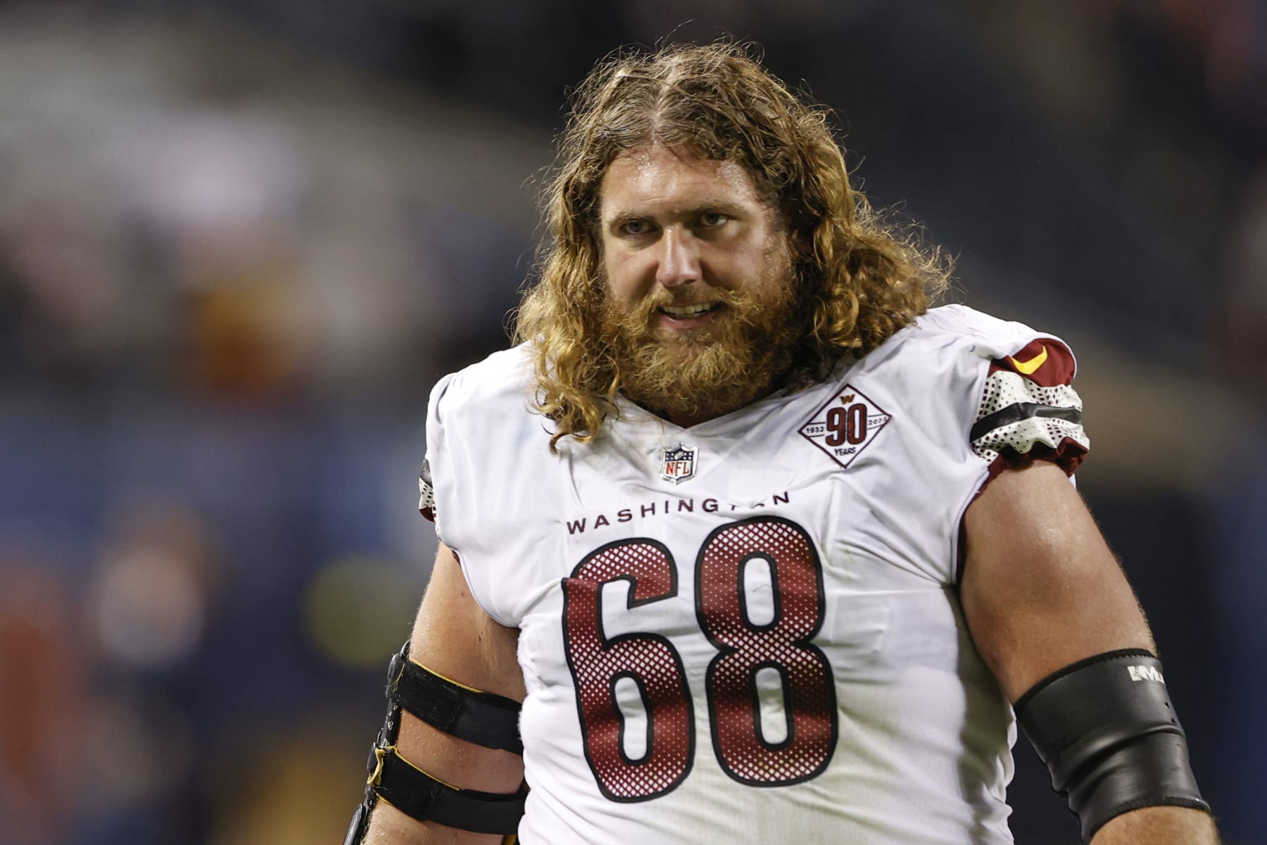 Washington Commanders guard Andrew Norwell (68) leaves the field following an NFL football game against the Chicago Bears, Thursday, Oct. 13, 2022, in Chicago. (AP Photo/Kamil Krzaczynski)