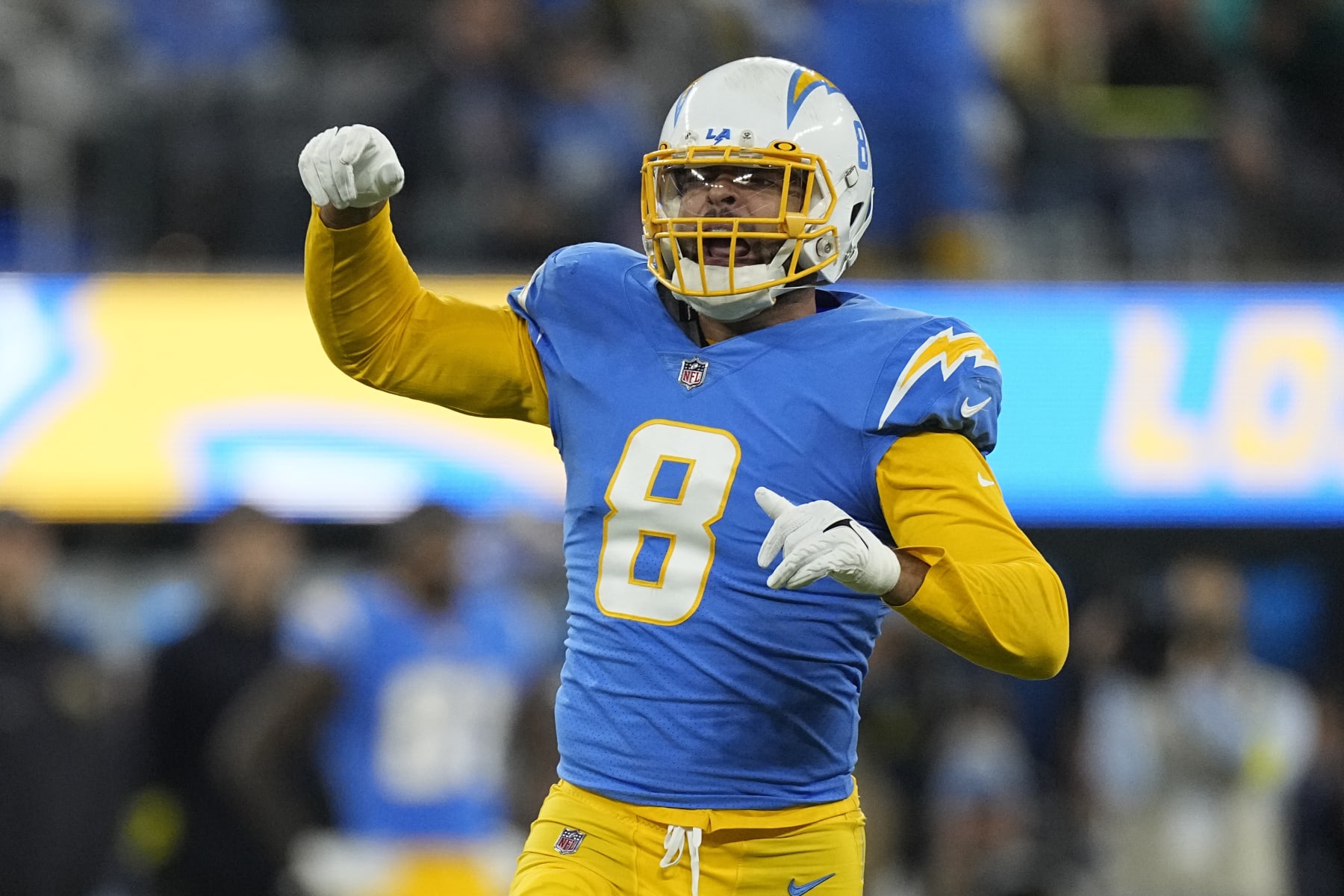 Los Angeles Chargers linebacker Kyle Van Noy (8) reacts after a tackle during the second half of an NFL football game Sunday, Dec. 11, 2022, in Inglewood, Calif. (AP Photo/Mark J. Terrill)