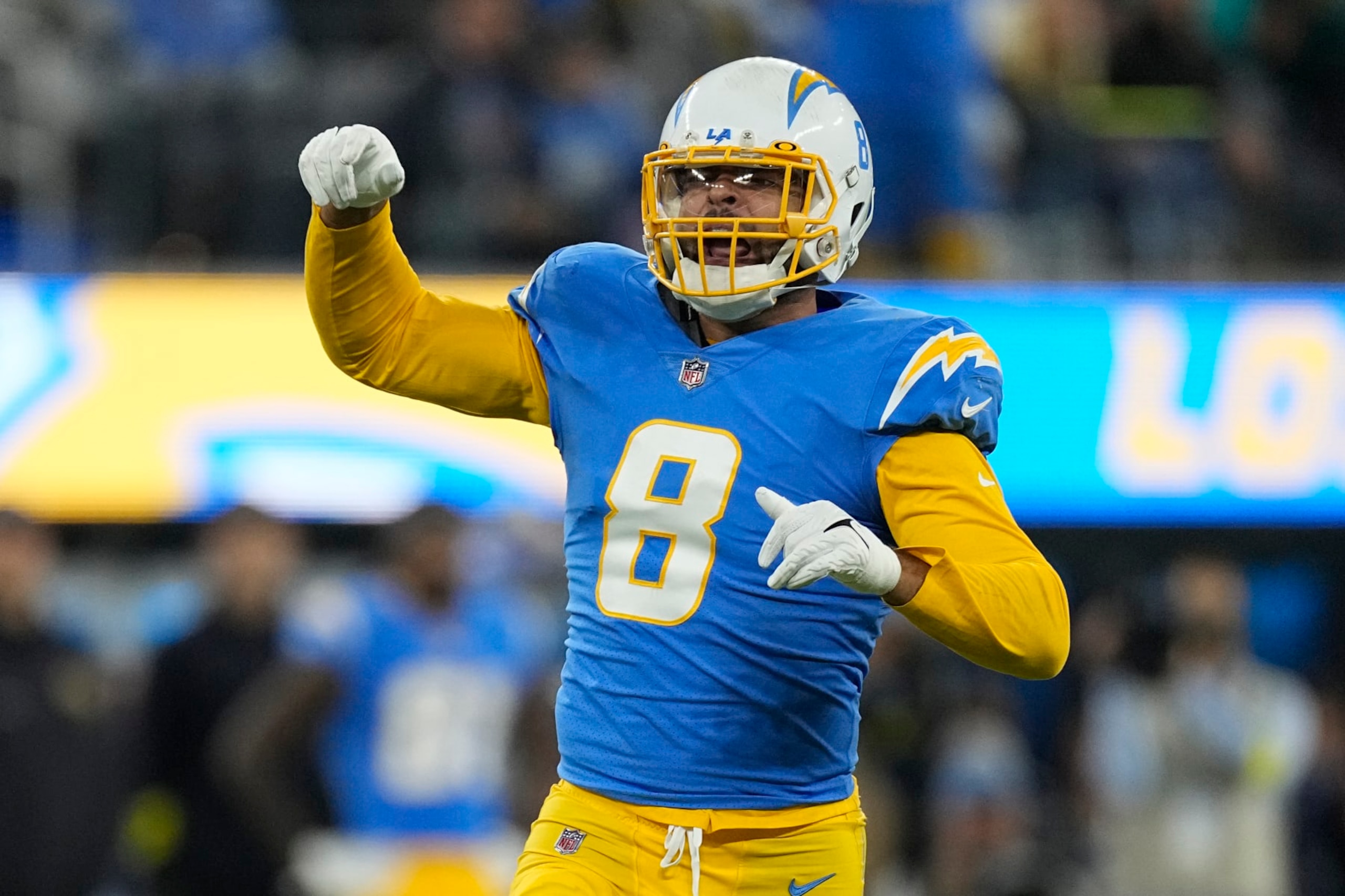 Los Angeles Chargers linebacker Kyle Van Noy (8) reacts after a tackle during the second half of an NFL football game Sunday, Dec. 11, 2022, in Inglewood, Calif. (AP Photo/Mark J. Terrill)