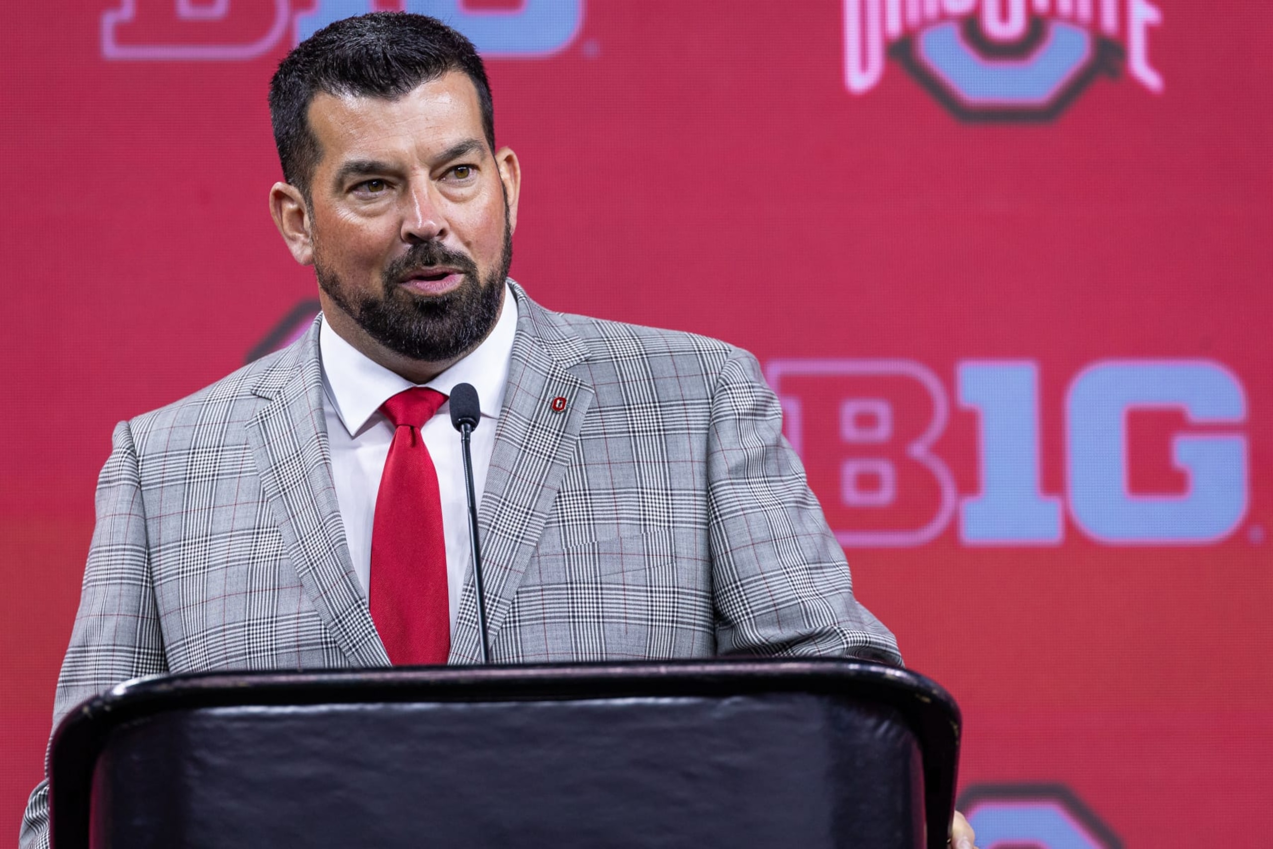 INDIANAPOLIS, INDIANA - JULY 26: Head  coach Ryan Day of the Ohio State Buckeyes is seen at Big Ten football media days at Lucas Oil Stadium on July 26, 2023 in Indianapolis, Indiana. (Photo by Michael Hickey/Getty Images)