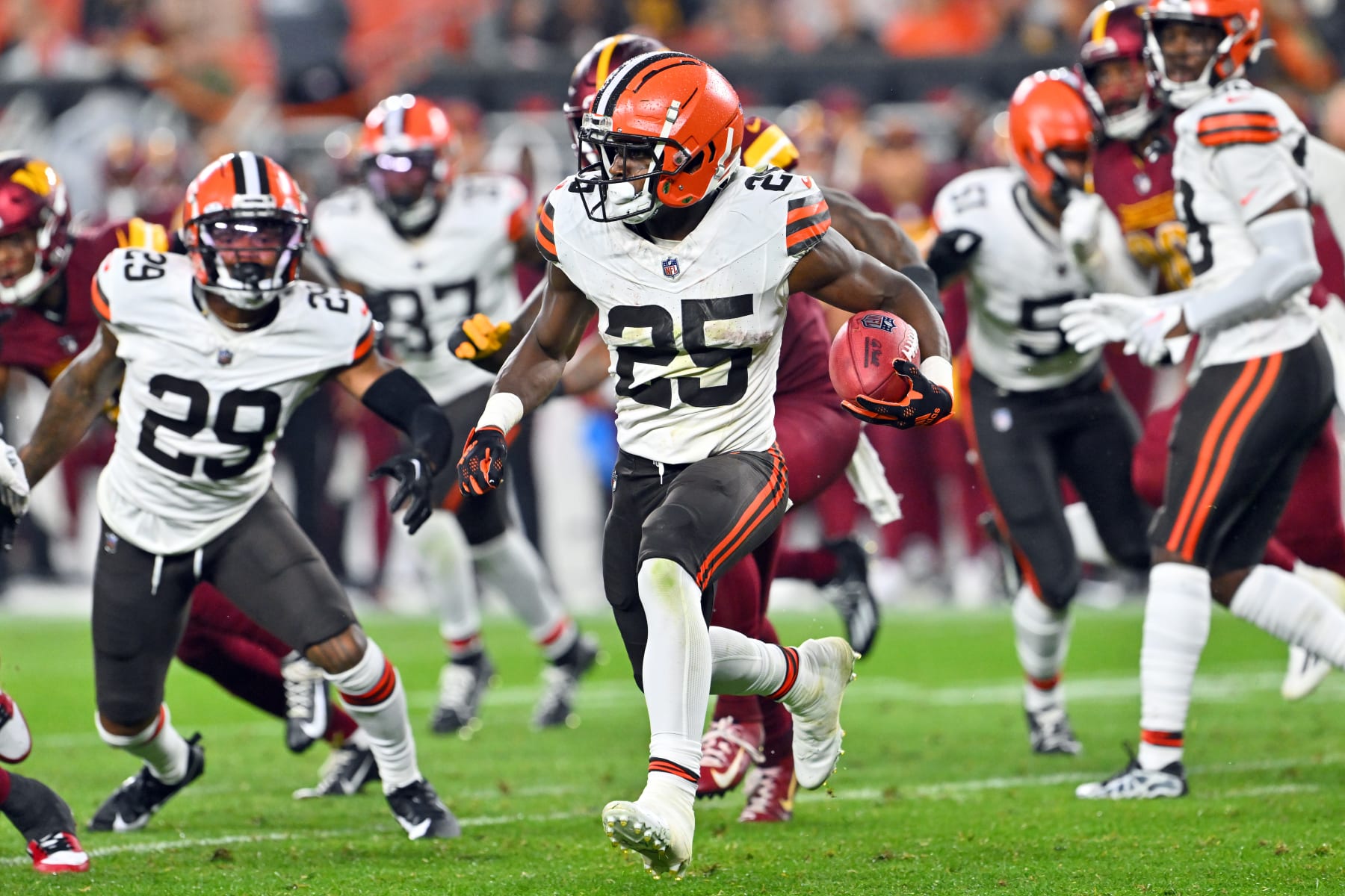 CLEVELAND, OHIO - AUGUST 11: Running back Demetric Felton Jr. #25 of the Cleveland Browns runs for a gain during the first half of a preseason game against the Washington Commanders at Cleveland Browns Stadium on August 11, 2023 in Cleveland, Ohio. (Photo by Jason Miller/Getty Images)