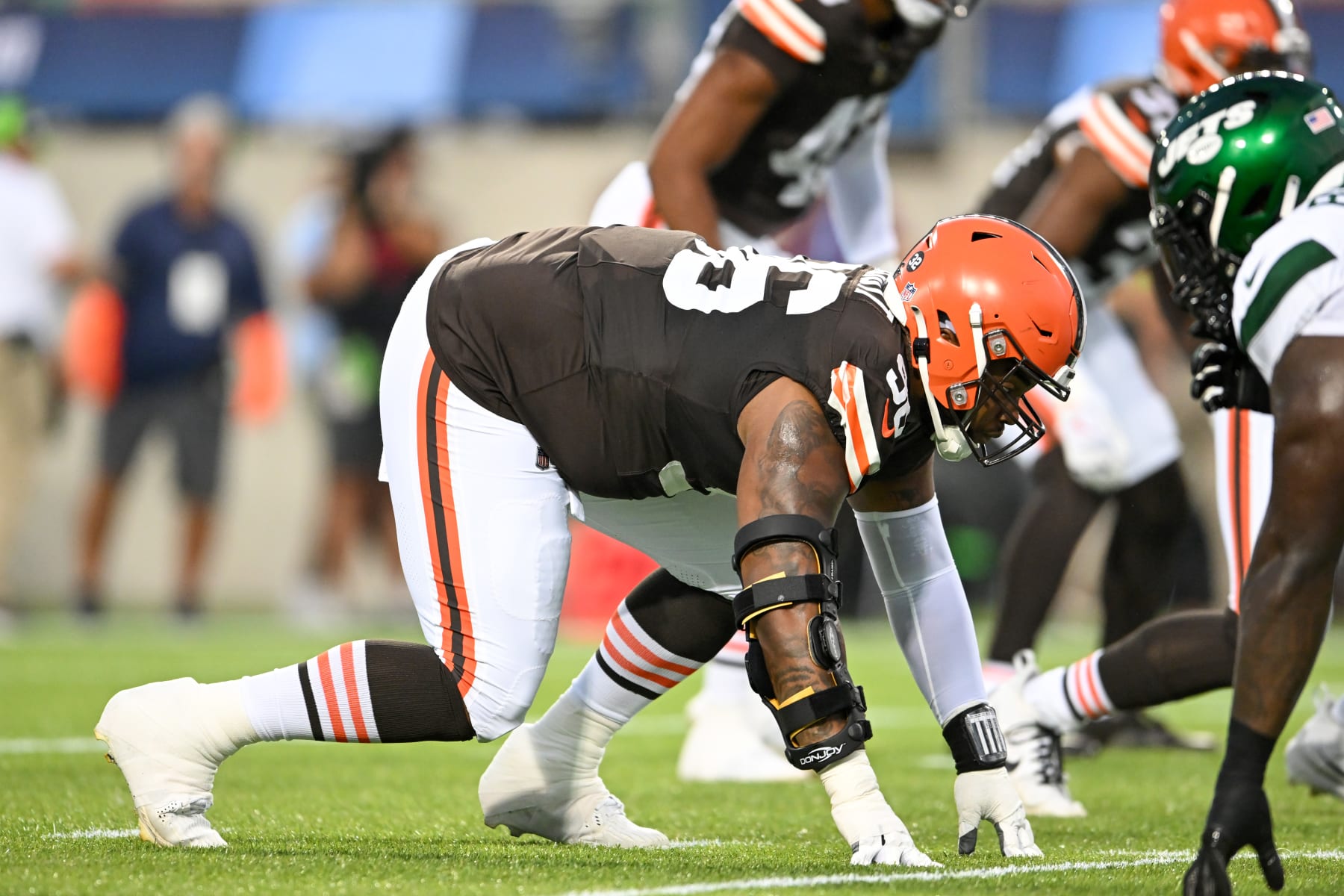 CANTON, OHIO - AUGUST 03: Jordan Elliott #96 of the Cleveland Browns waits for the snap during the first half of the 2023 Pro Hall of Fame Game against the New York Jets at Tom Benson Hall Of Fame Stadium on August 03, 2023 in Canton, Ohio. (Photo by Nick Cammett/Diamond Images via Getty Images)