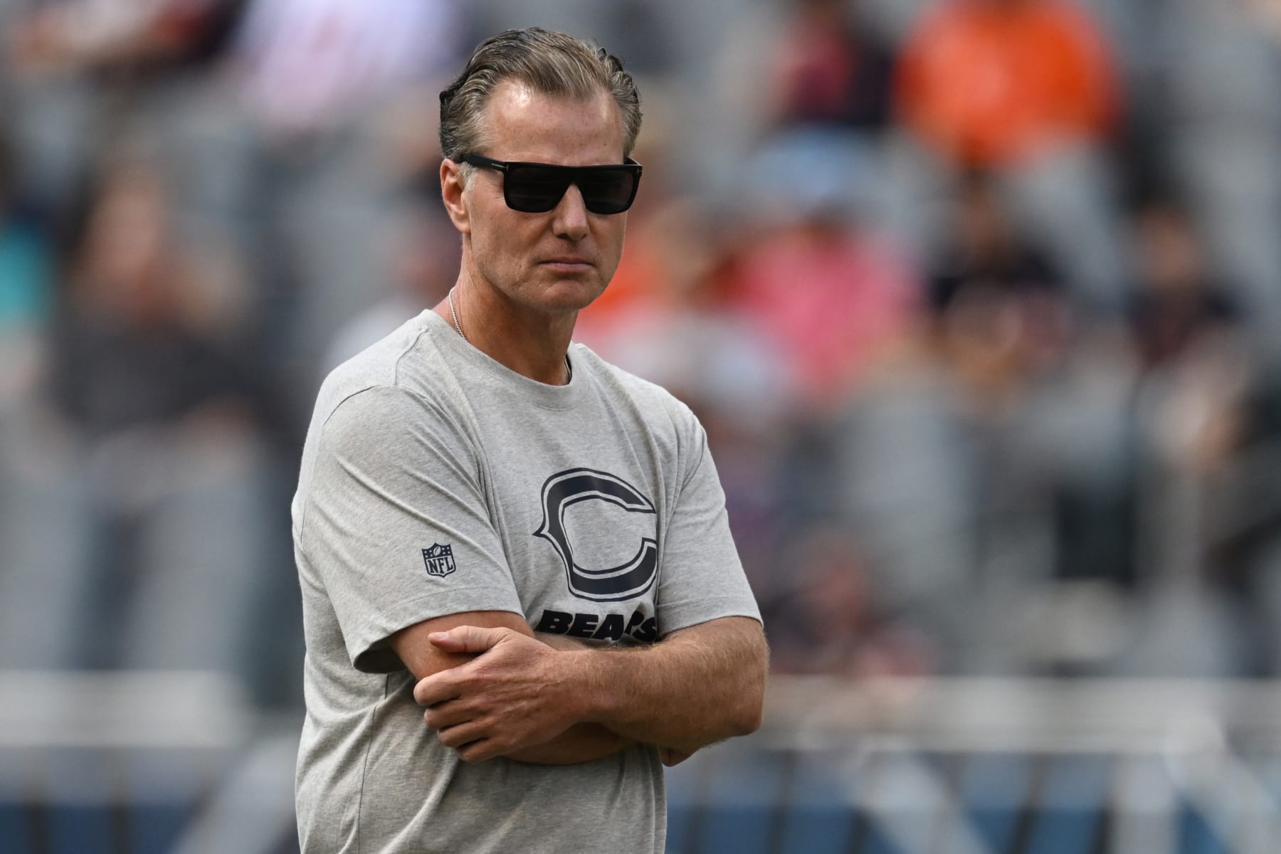 CHICAGO, ILLINOIS - AUGUST 12: Head coach Matt Eberflus of the Chicago Bears looks on before the game against the Tennessee Titans at Soldier Field on August 12, 2023 in Chicago, Illinois. (Photo by Quinn Harris/Getty Images)