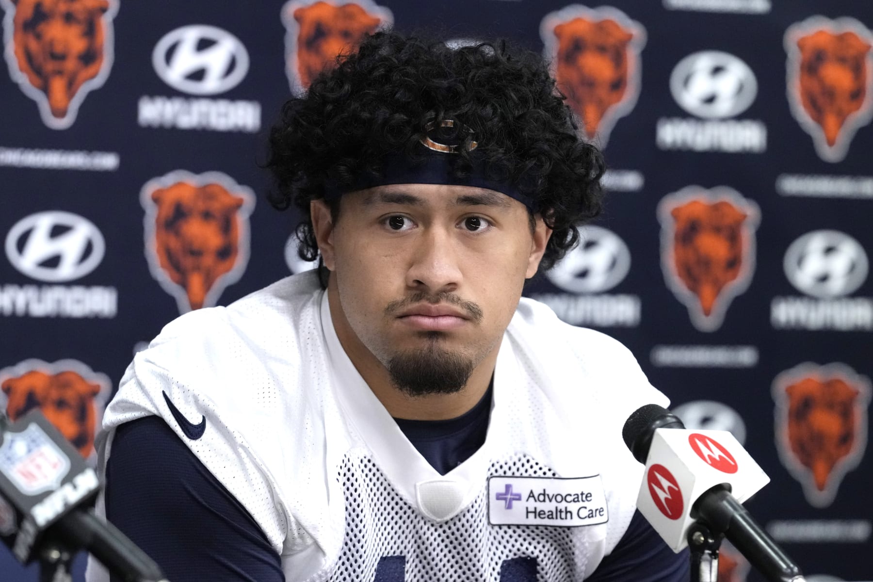 Chicago Bears linebacker Noah Sewell listens to a question from the media at a news conference during the NFL football team's rookie minicamp at Halas Hall in Lake Forest, Ill., Saturday, May 6, 2023. (AP Photo/Nam Y. Huh)