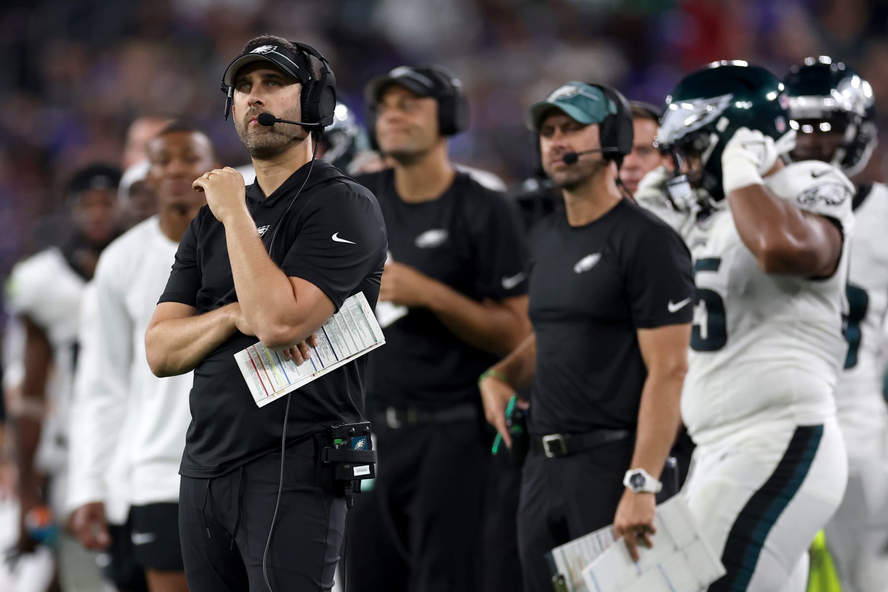 BALTIMORE, MARYLAND - AUGUST 12: Head coach Nick Sirianni of the Philadelphia Eagles looks on during a preseason game against the Baltimore Ravensat M&T Bank Stadium on August 12, 2023 in Baltimore, Maryland. (Photo by Rob Carr/Getty Images)