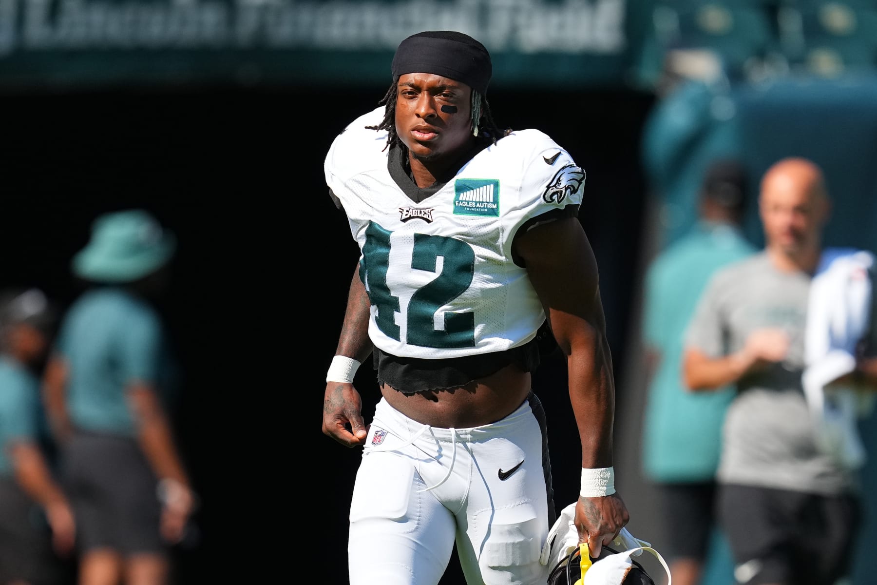 PHILADELPHIA, PENNSYLVANIA - AUGUST 9: K'Von Wallace #42 of the Philadelphia Eagles runs onto the field during Training Camp at Lincoln Financial Field on August 9, 2023 in Philadelphia, Pennsylvania. (Photo by Mitchell Leff/Getty Images)