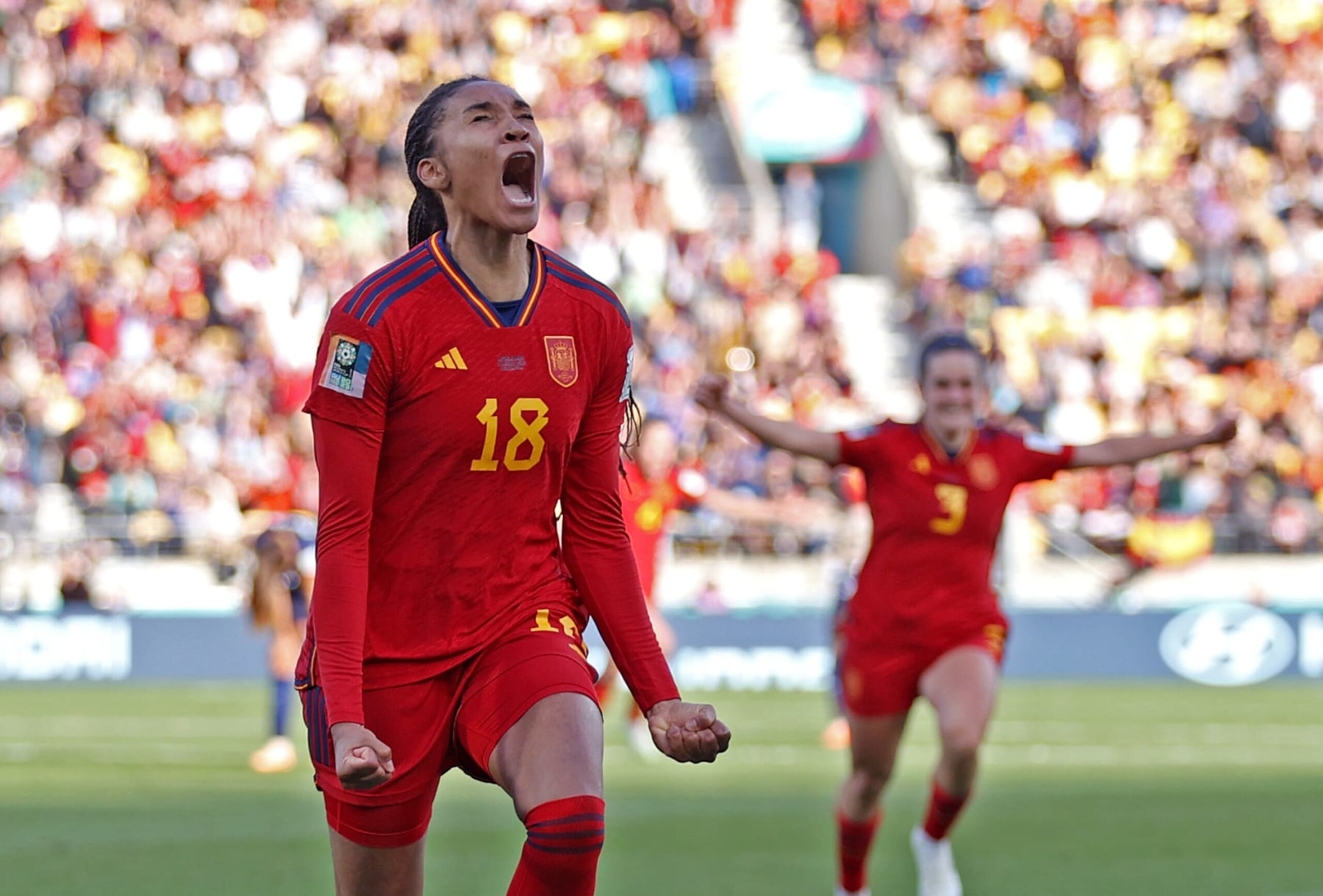 WELLINGTON, NEW ZEALAND - AUGUST 11: Salma Paralluelo of Spain celebrates after scoring her team's second goal during the FIFA Women's World Cup Australia & New Zealand 2023 Quarter Final match between Spain and Netherlands at Wellington Regional Stadium on August 11, 2023 in Wellington, New Zealand. (Photo by Lars Baron/Getty Images)