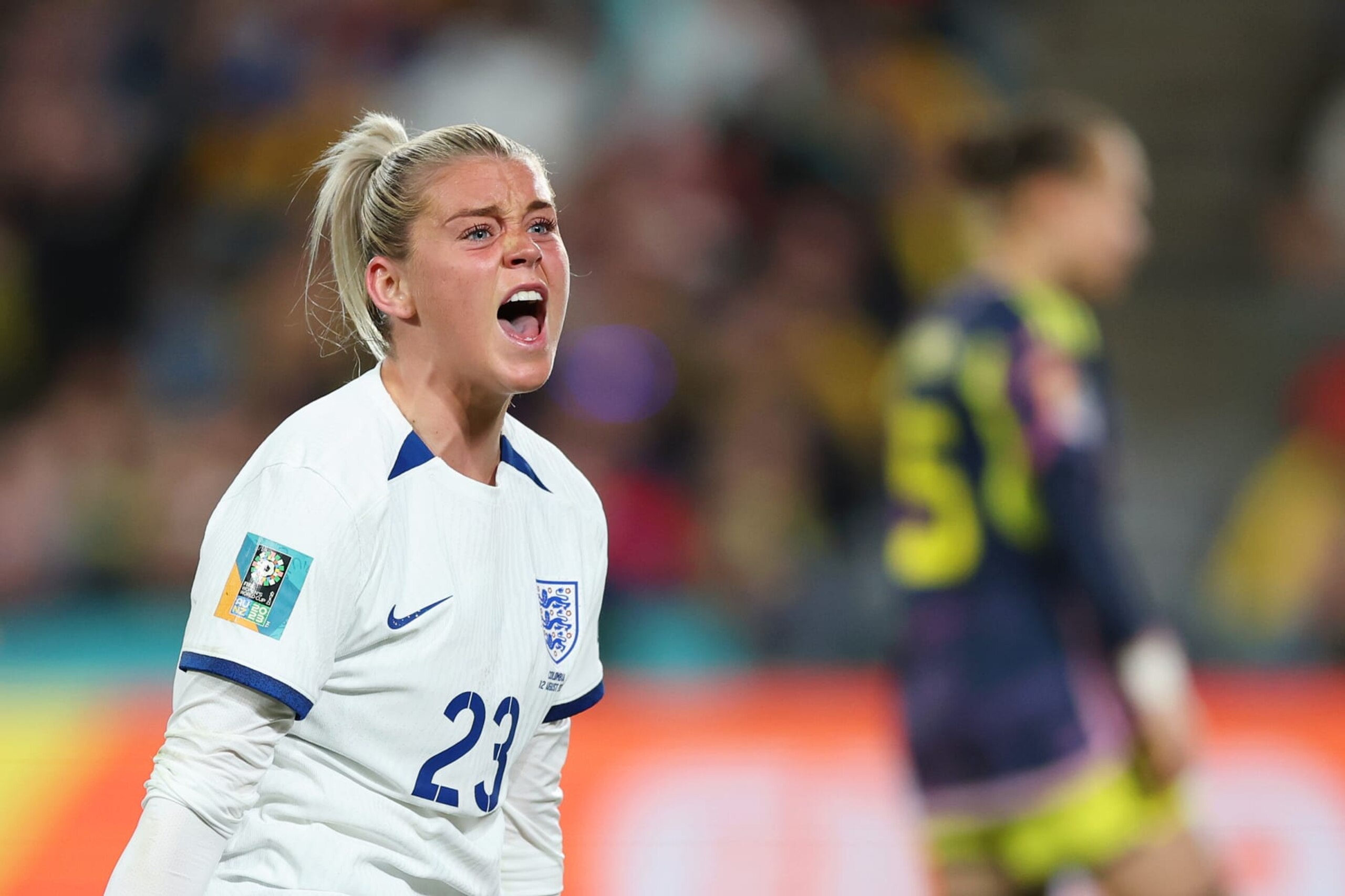SYDNEY, AUSTRALIA - AUGUST 12: Alessia Russo of England celebrates after scoring her team's second goal during the FIFA Women's World Cup Australia & New Zealand 2023 Quarter Final match between England and Colombia at Stadium Australia on August 12, 2023 in Sydney / Gadigal, Australia. (Photo by Mark Metcalfe - FIFA/FIFA via Getty Images)