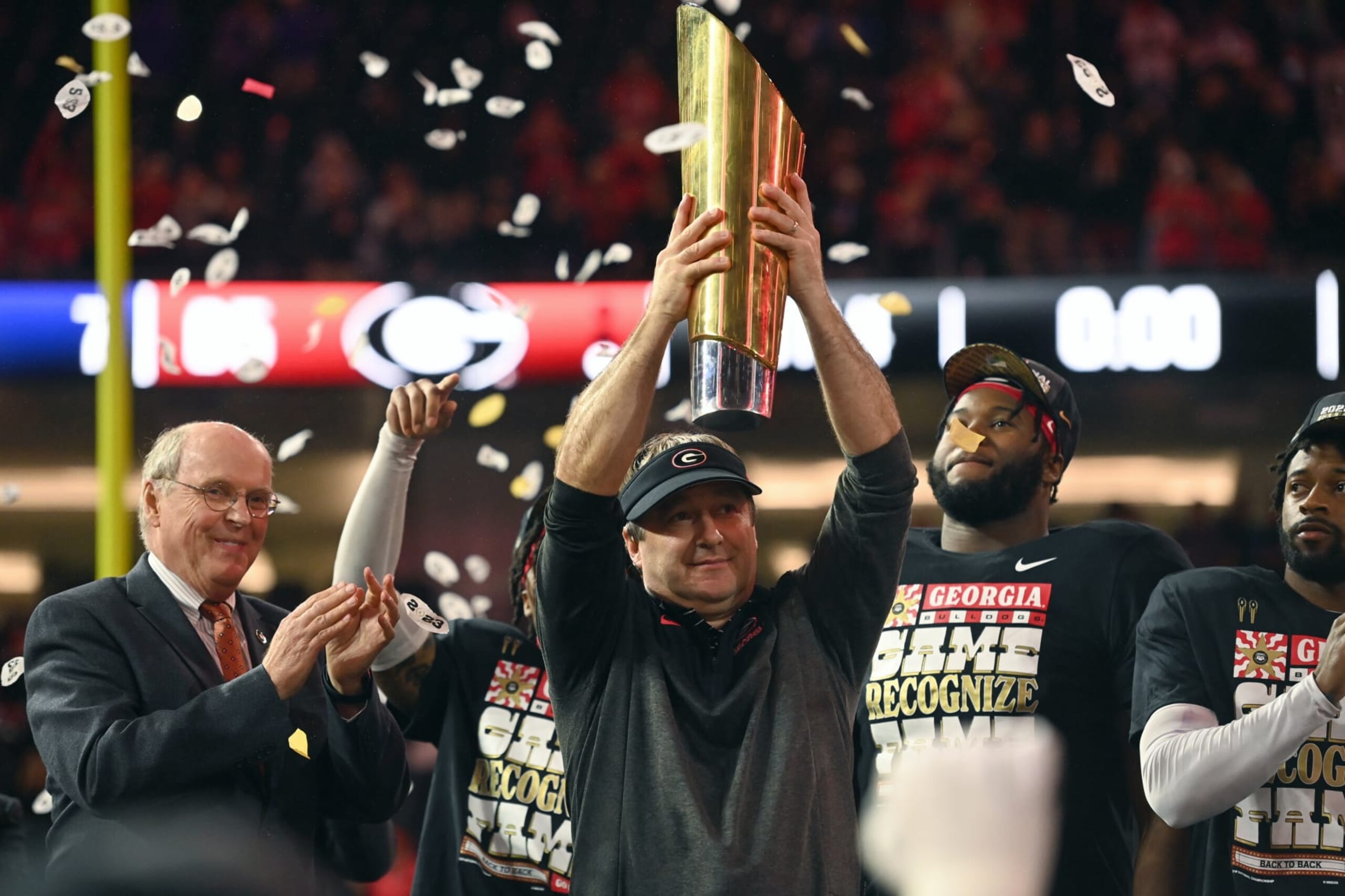 INGLEWOOD, CA - JANUARY 09: Georgia Bulldogs head coach Kirby Smart lifts the championship trophy during the Georgia Bulldogs game versus the TCU Horned Frogs in the College Football Playoff National Championship game on January 9, 2023, at SoFi Stadium in Inglewood, CA. (Photo by Chris Williams/Icon Sportswire via Getty Images)