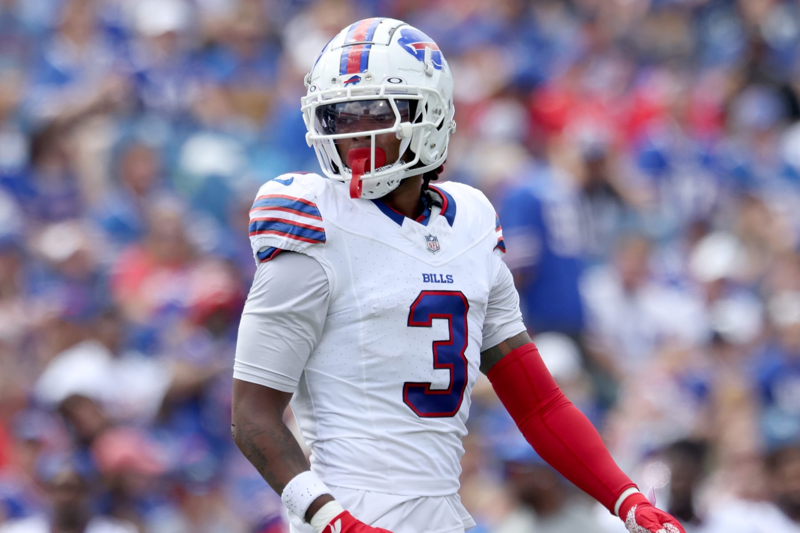 ORCHARD PARK, NEW YORK - AUGUST 12: Damar Hamlin #3 of the Buffalo Bills looks on during the first quarter of a preseason game against the Indianapolis Colts at Highmark Stadium on August 12, 2023 in Orchard Park, New York. (Photo by Bryan M. Bennett/Getty Images)