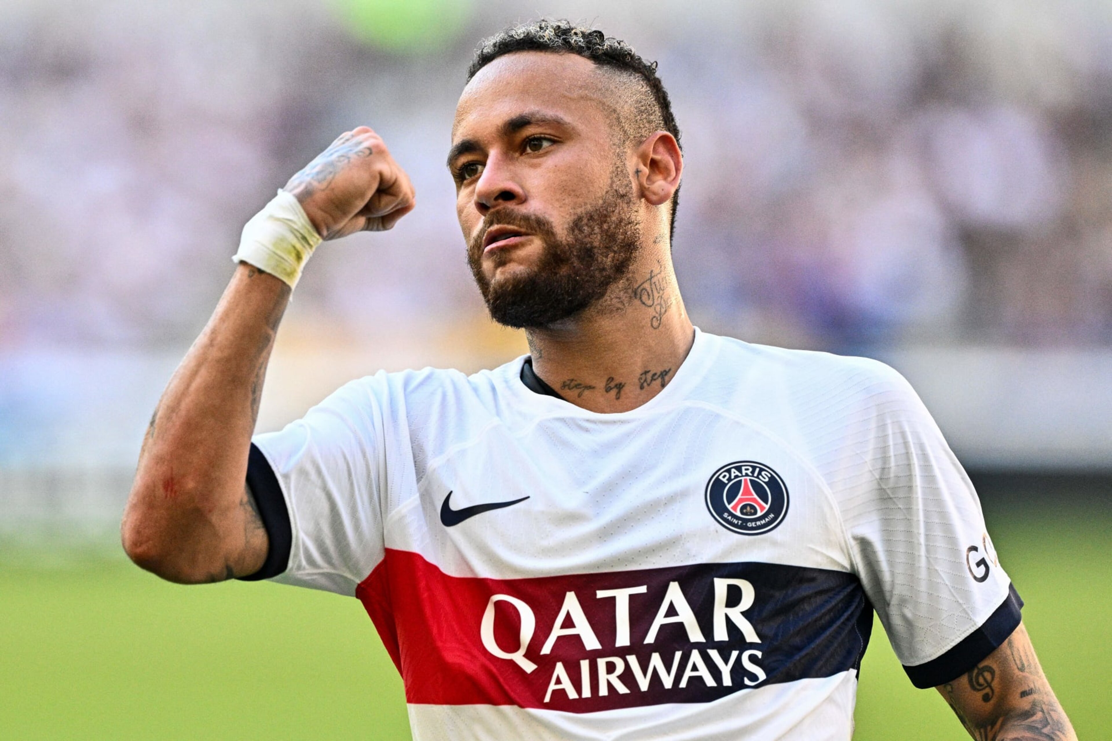 Paris Saint-Germain's Neymar celebrates after scoring a goal against Jeonbuk Hyundai Motors during their friendly football match at the Asiad Main Stadium in Busan on August 3, 2023. (Photo by ANTHONY WALLACE / AFP) (Photo by ANTHONY WALLACE/AFP via Getty Images) Paris Saint-Germain's Neymar celebrates after scoring a goal against Jeonbuk Hyundai Motors during their friendly football match at the Asiad Main Stadium in Busan on August 3, 2023. (Photo by ANTHONY WALLACE / AFP) (Photo by ANTHONY WALLACE/AFP via Getty Images)