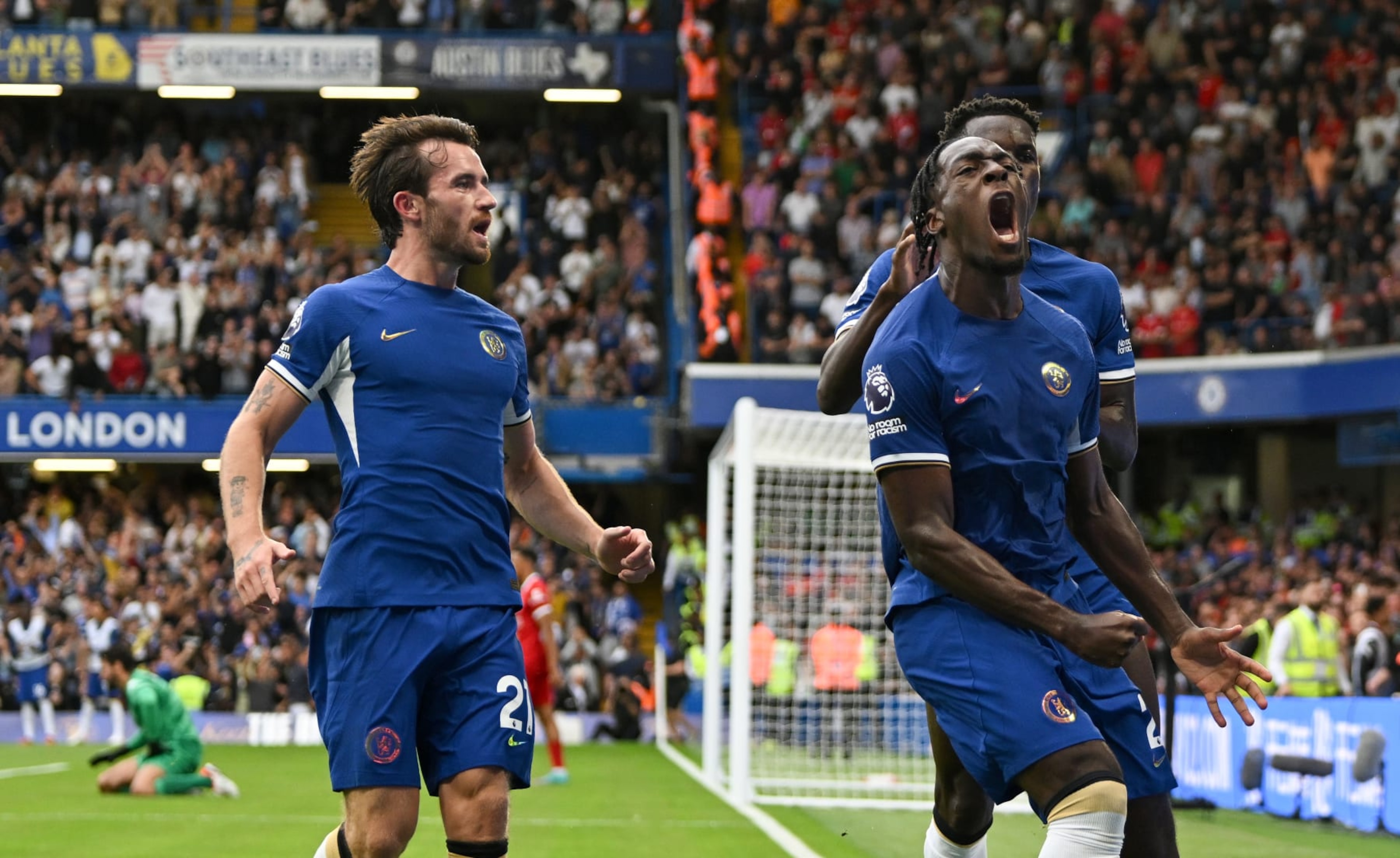 LONDON, ENGLAND - AUGUST 13: Axel Disasi of Chelsea celebrates after scoring the team's first goal during the Premier League match between Chelsea FC and Liverpool FC at Stamford Bridge on August 13, 2023 in London, England. (Photo by Shaun Botterill/Getty Images)