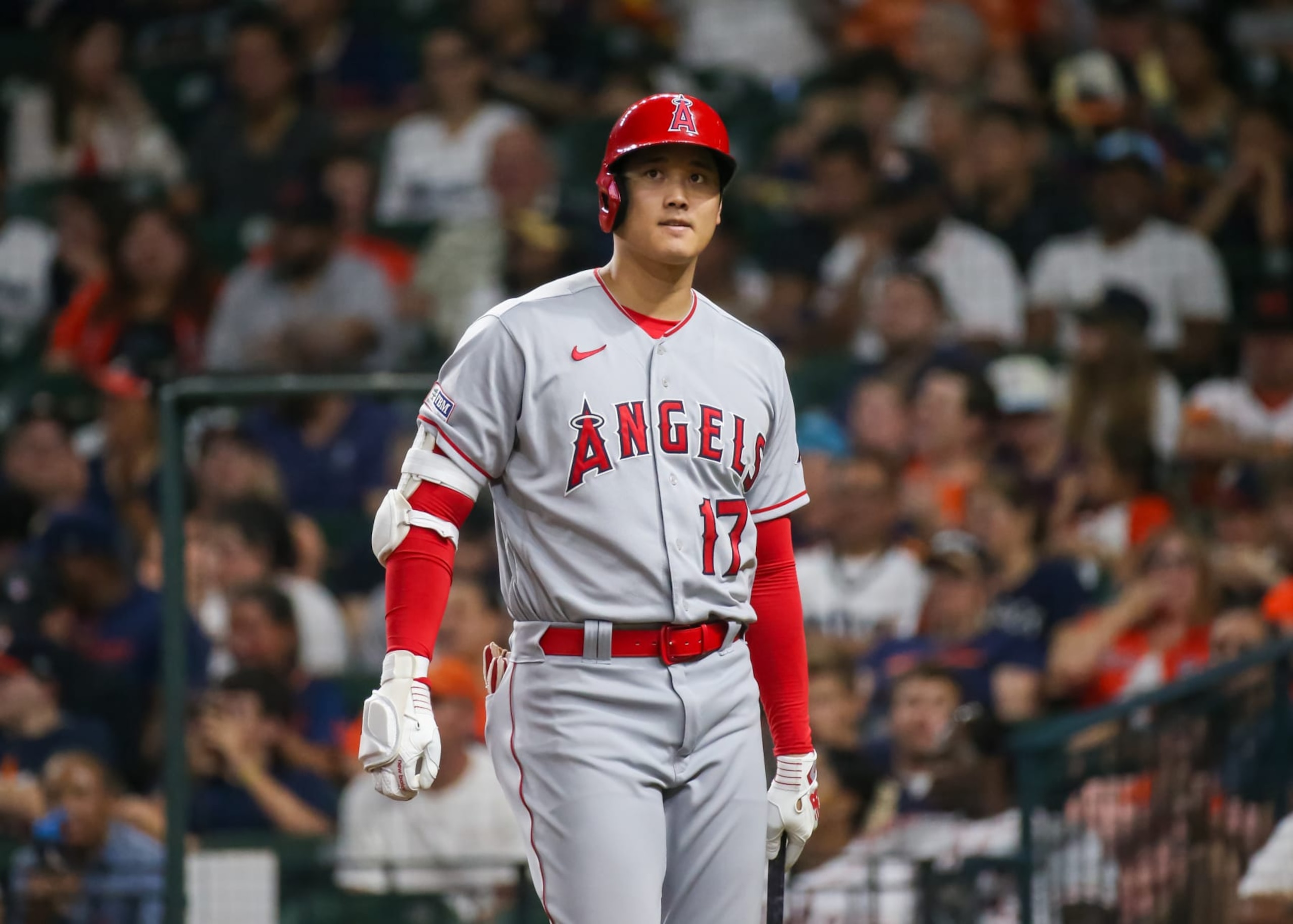 HOUSTON, TX - AUGUST 11:  Los Angeles Angels designated hitter Shohei Ohtani (17) strikes out in the top of the eighth inning during the MLB game between the Los Angeles Angels and Houston Astros on August 11, 2023 at Minute Maid Park in Houston, Texas.  (Photo by Leslie Plaza Johnson/Icon Sportswire via Getty Images)