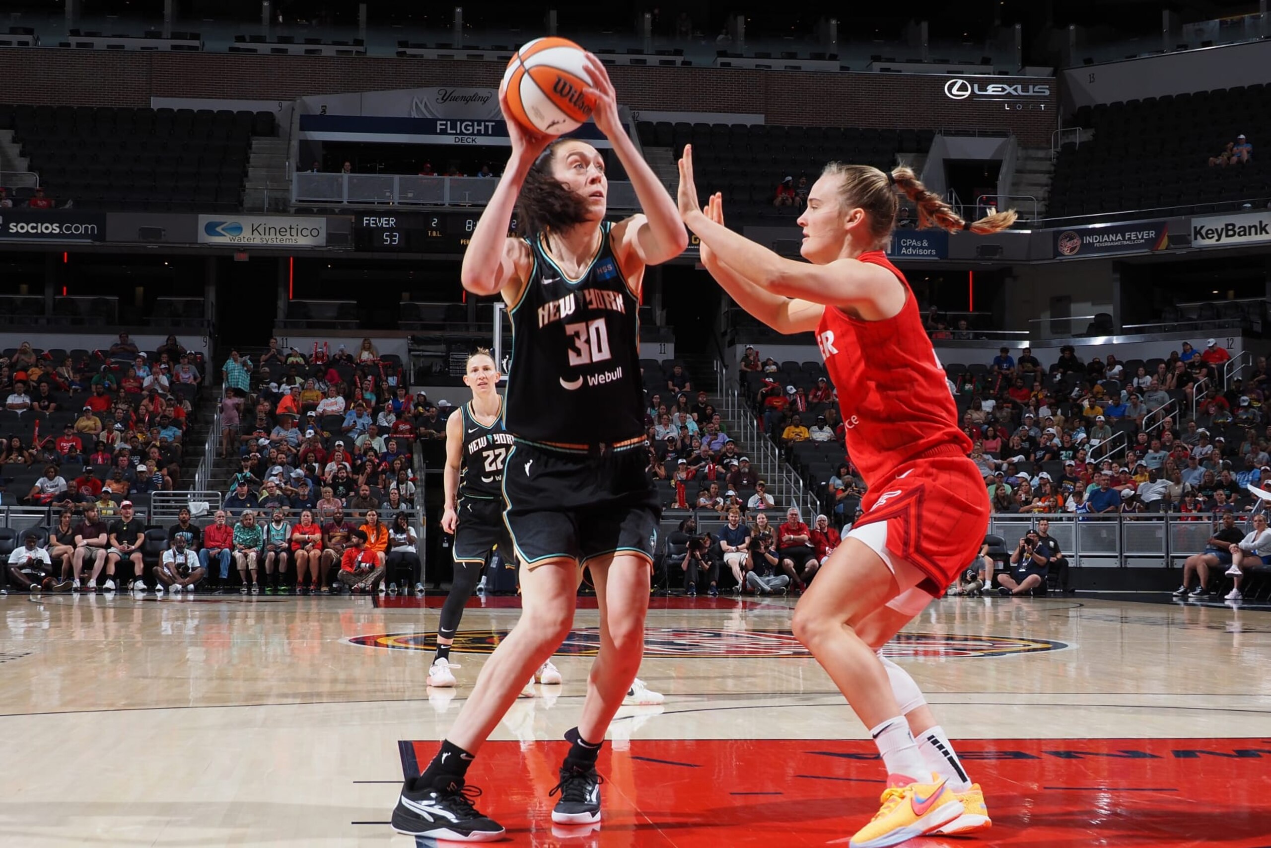 INDIANAPOLIS, IN - AUGUST 13: Breanna Stewart #30 of the New York Liberty shoots the ball during the game against the Indiana Fever on August 13, 2023 at Gainbridge Fieldhouse in Indianapolis, Indiana. NOTE TO USER: User expressly acknowledges and agrees that, by downloading and or using this Photograph, user is consenting to the terms and conditions of the Getty Images License Agreement. Mandatory Copyright Notice: Copyright 2023 NBAE (Photo by Ron Hoskins/NBAE via Getty Images)
