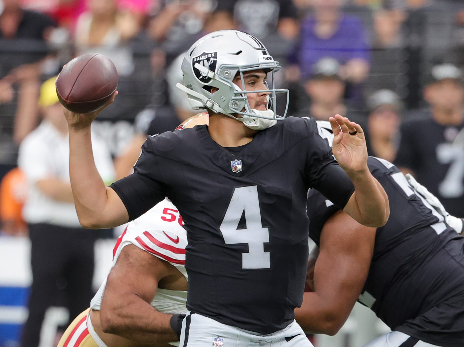LAS VEGAS, NEVADA - AUGUST 13: Quarterback Aidan O'Connell #4 of the Las Vegas Raiders throws against the San Francisco 49ers in the first quarter of a preseason game at Allegiant Stadium on August 13, 2023 in Las Vegas, Nevada. (Photo by Ethan Miller/Getty Images)